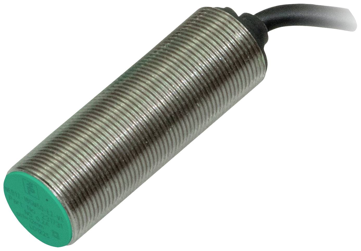 Zylindrischer Induktionssensor mit gerippter Metalloberfläche und Kabelanschluss, verwendet zur Erkennung von Objekten in der Nähe.