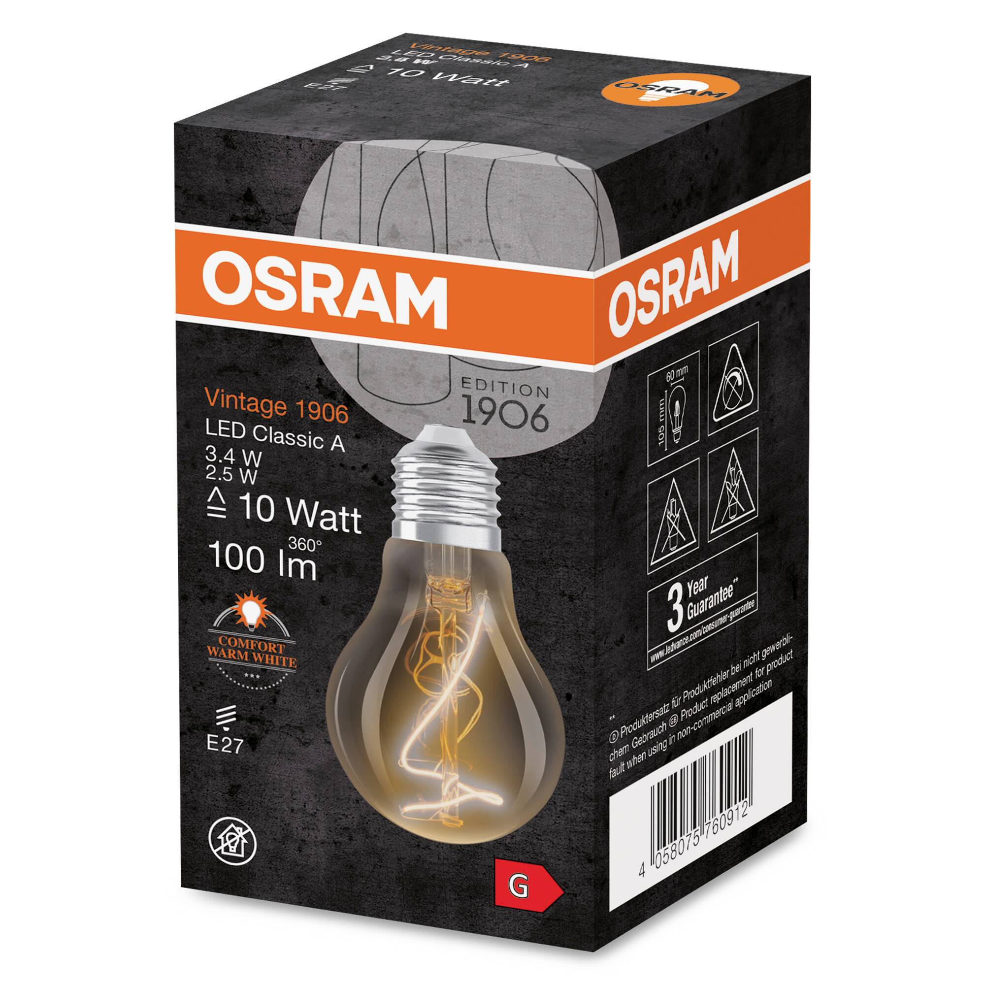 OSRAM HOMELIGHTING 4058075760912 LED EEK G (A - G) E27 Glühlampenform 3.4 W = 10 W Warmweiß (Ø x H) 60 mm x 60 mm 1 St.