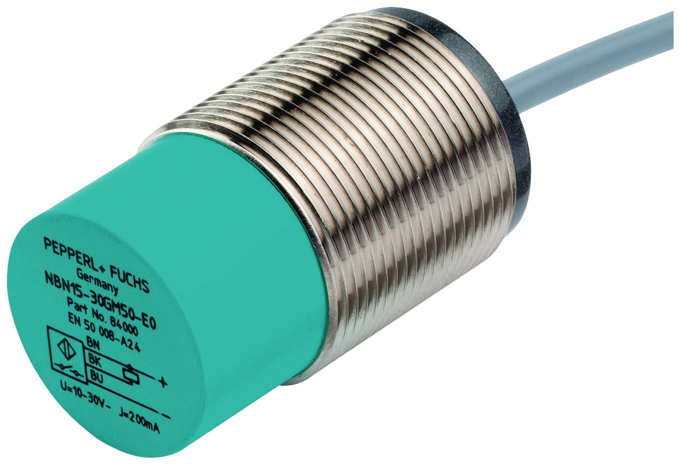 Ein zylindrischer, metallischer Näherungsschalter mit grünem Kunststoffkopf und Kabel. Markierung: 'Pepperl+Fuchs NBN5-30GM50-E0'.