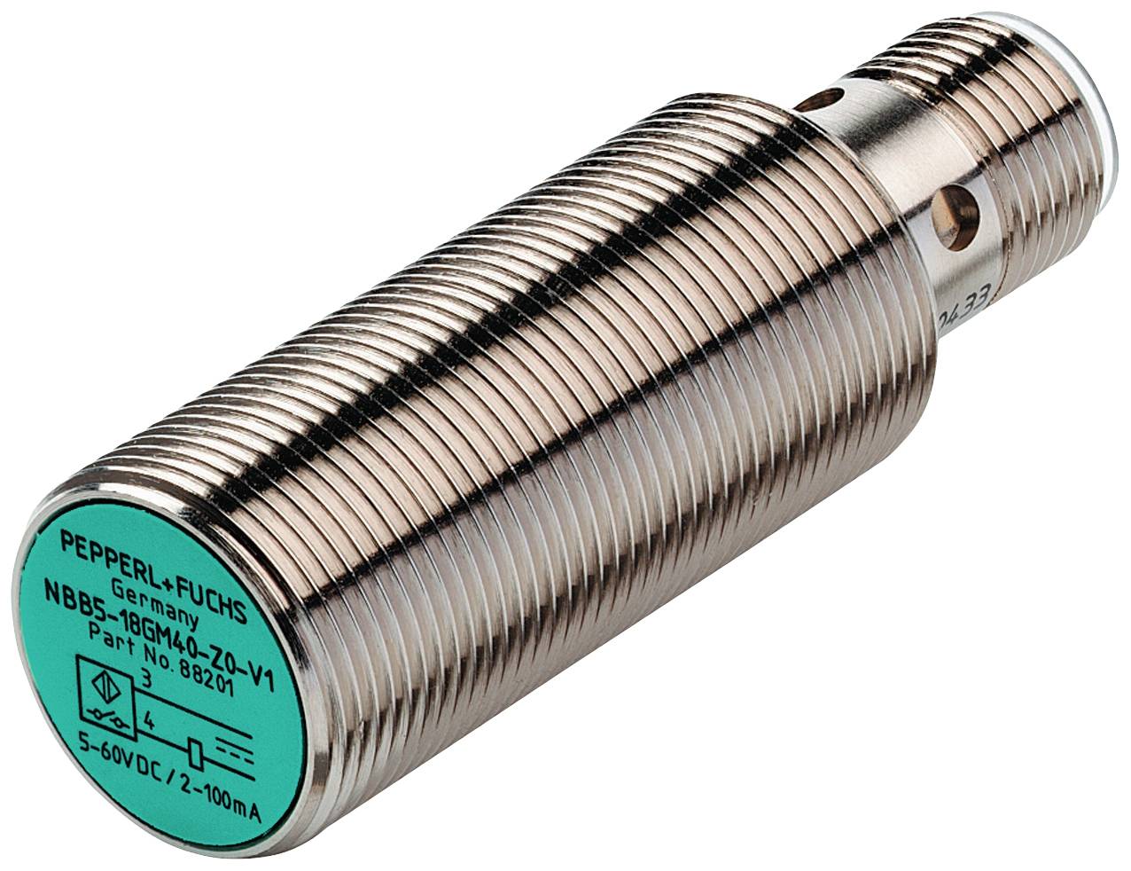Zylindrischer Näherungssensor mit Metallgewinde von Pepperl+Fuchs, Modell NBB5-18GM60-Z0-V1, für industrielle Anwendungen.