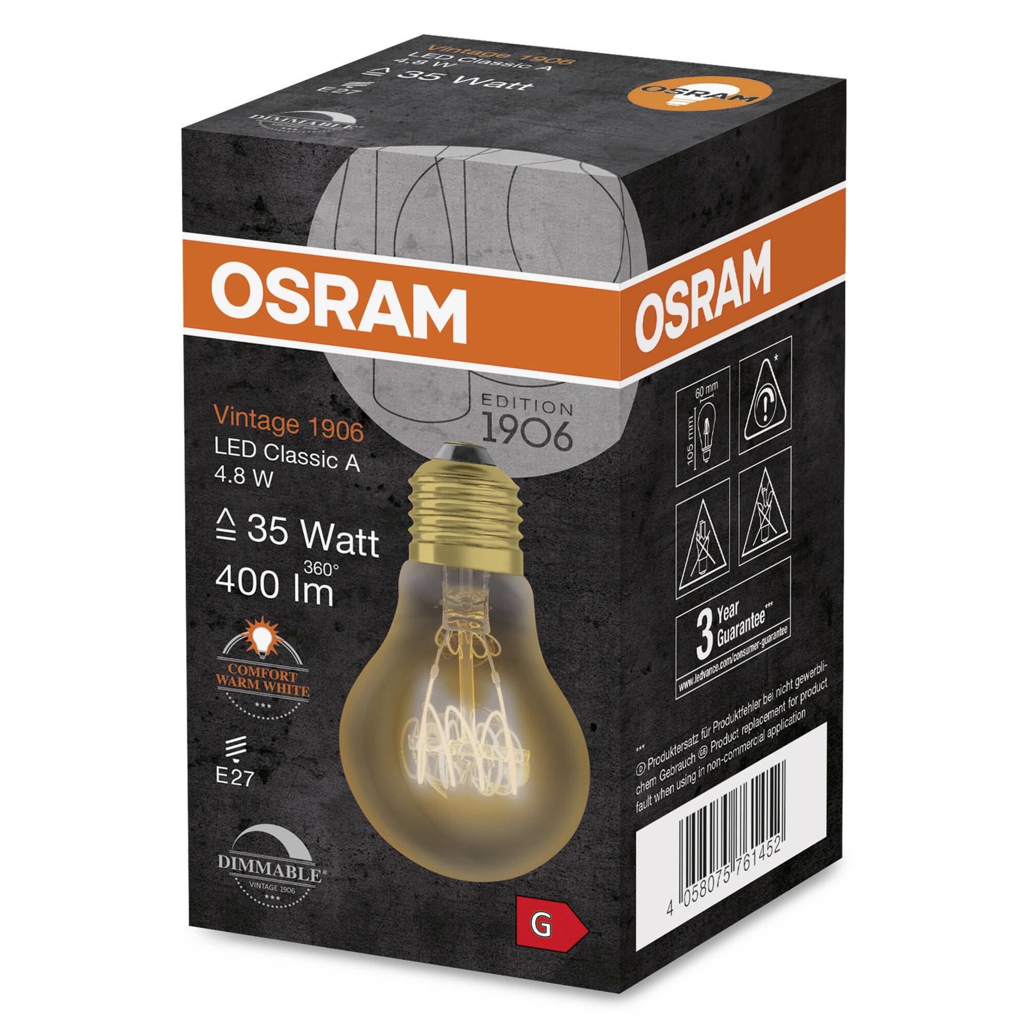 Verpackung einer LED-Lampe von Osram, Modell Vintage 1906, 4,8 W, 400 lm, warmweiß, dimmbar, mit E27-Sockel, 3 Jahre Garantie.