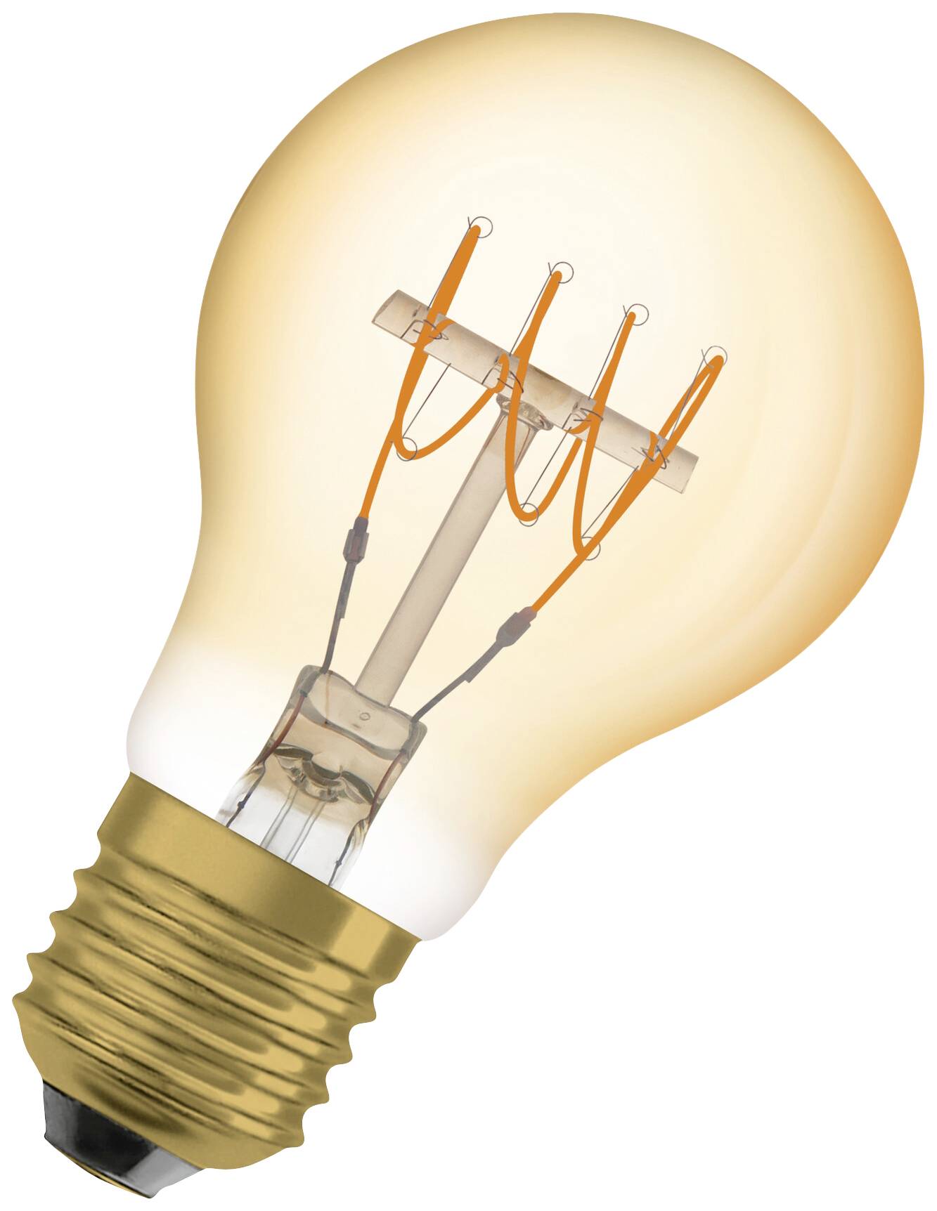Eine Glühbirne mit sichtbarem Glühfaden, leuchtet warmes Licht, goldener Sockel. Symbolisiert Ideen oder Energie.