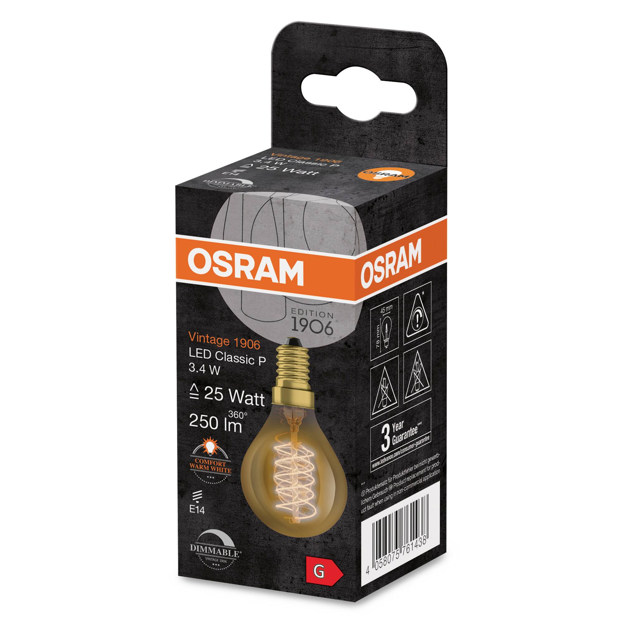 Eine Verpackung einer Osram Glühbirne 'Vintage 1906 LED Classic P'. Spezifikation: 3,4 Watt, 250 Lumen, dimmbar, E14 Sockel.
