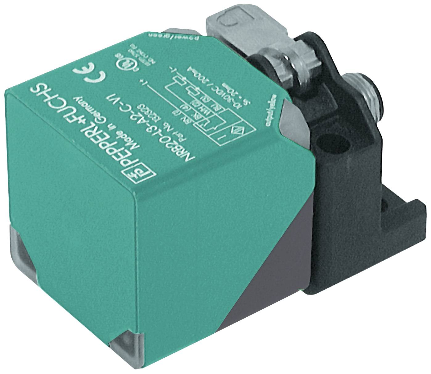 Ein grüner Näherungsschalter von Pepperl+Fuchs mit schwarzen Details, CE- und TÜV-Zertifizierungen, Modellnummer NCB2-12GM40-N0.