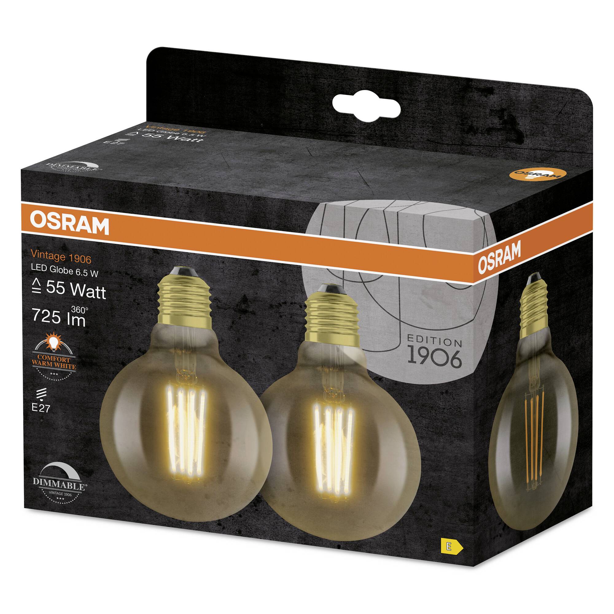 OSRAM HOMELIGHTING 4058075754737 LED EEK E (A - G) E27 Kolbenform 6.5W = 55W Warmweiß (Ø x H) 95mm x 95mm 2St.
