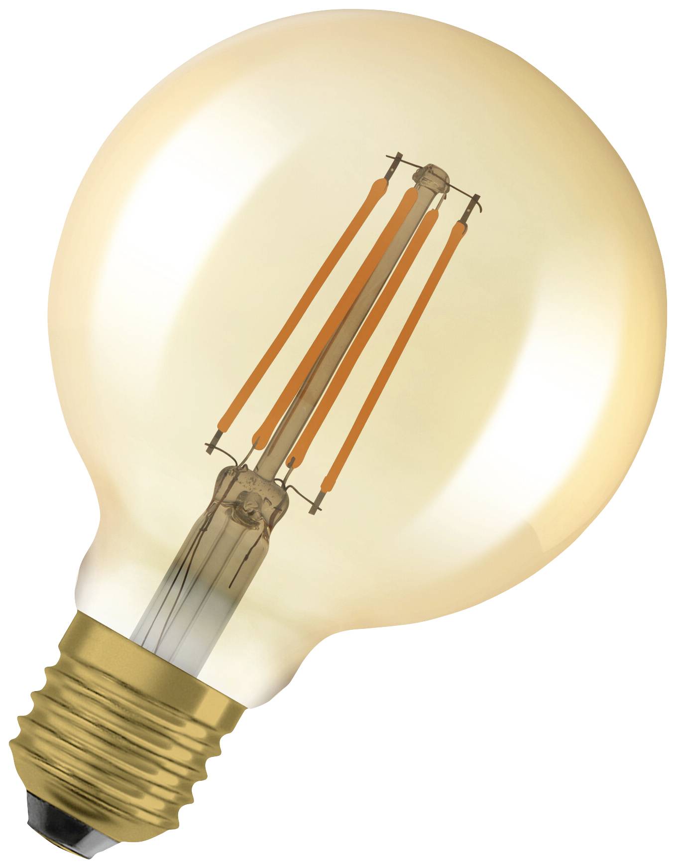 Eine Glühbirne mit sichtbaren Filamenten und goldener Fassung, die leuchtet.
