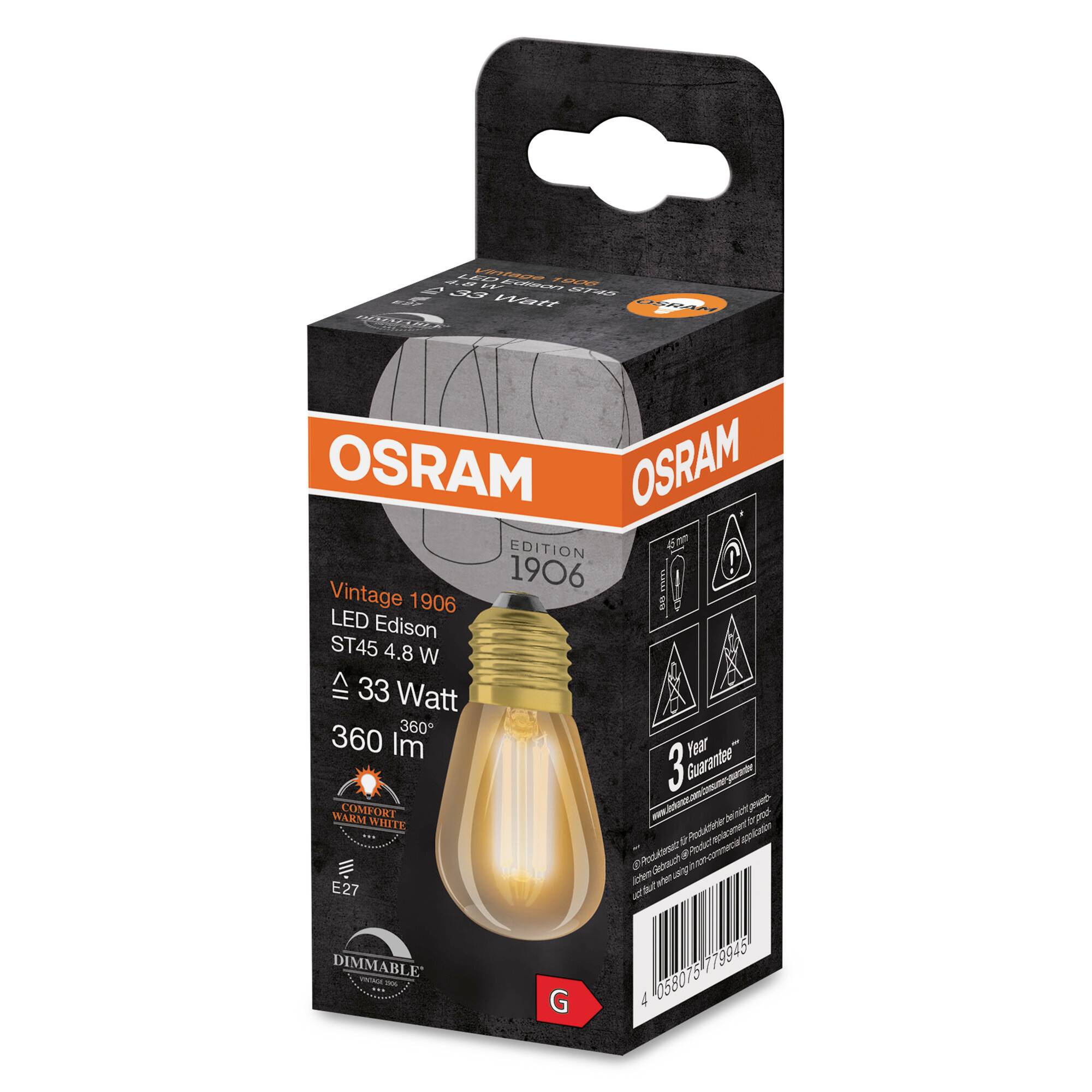 Verpackung einer Osram Vintage 1906 LED-Glühbirne, ST45 4,8W, warmweißes Licht, dimmbar, entspricht 33 Watt, E27 Fassung, 360 Lumen.