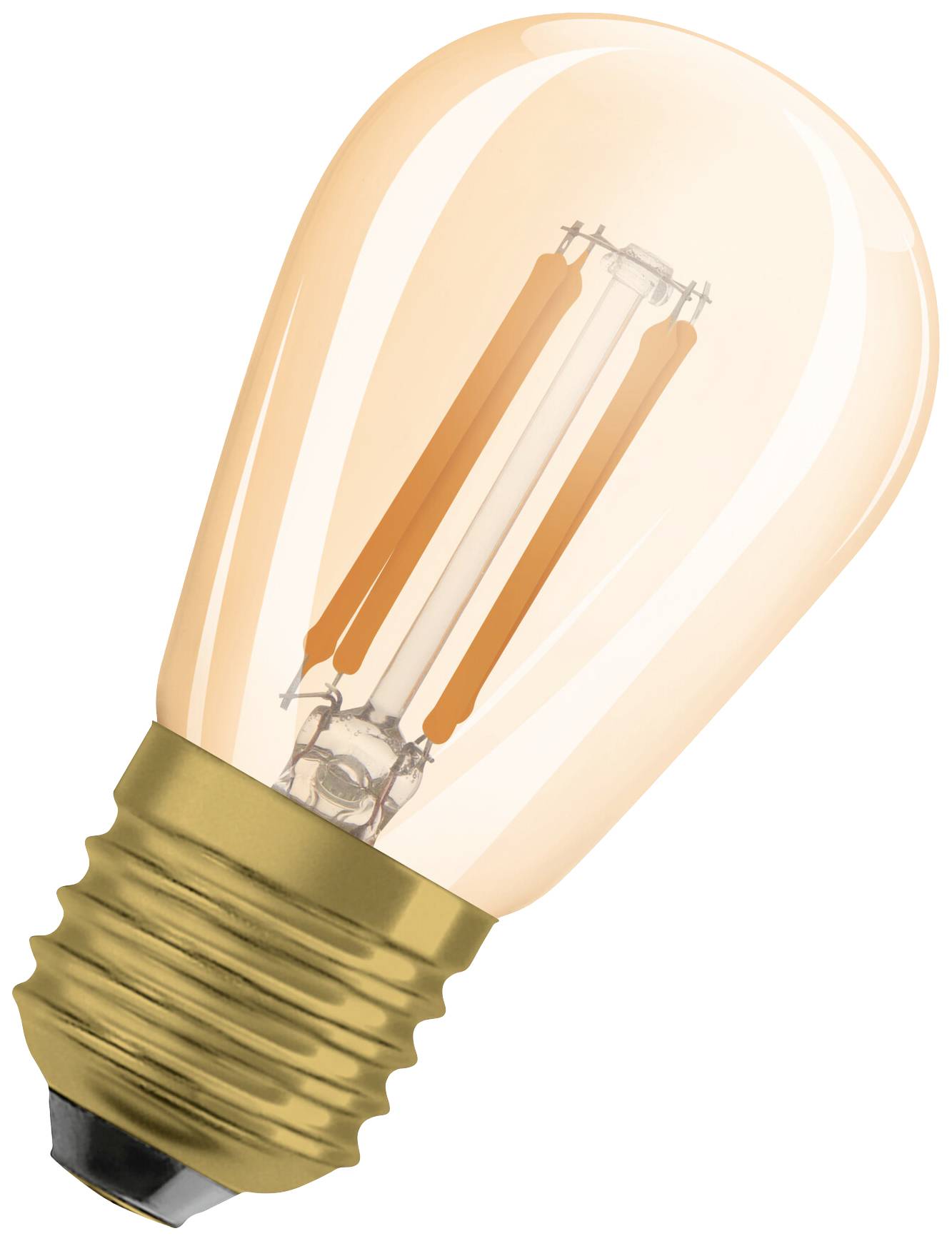 Eine retro Glühlampe mit sichtbarem Filament vor weißem Hintergrund.