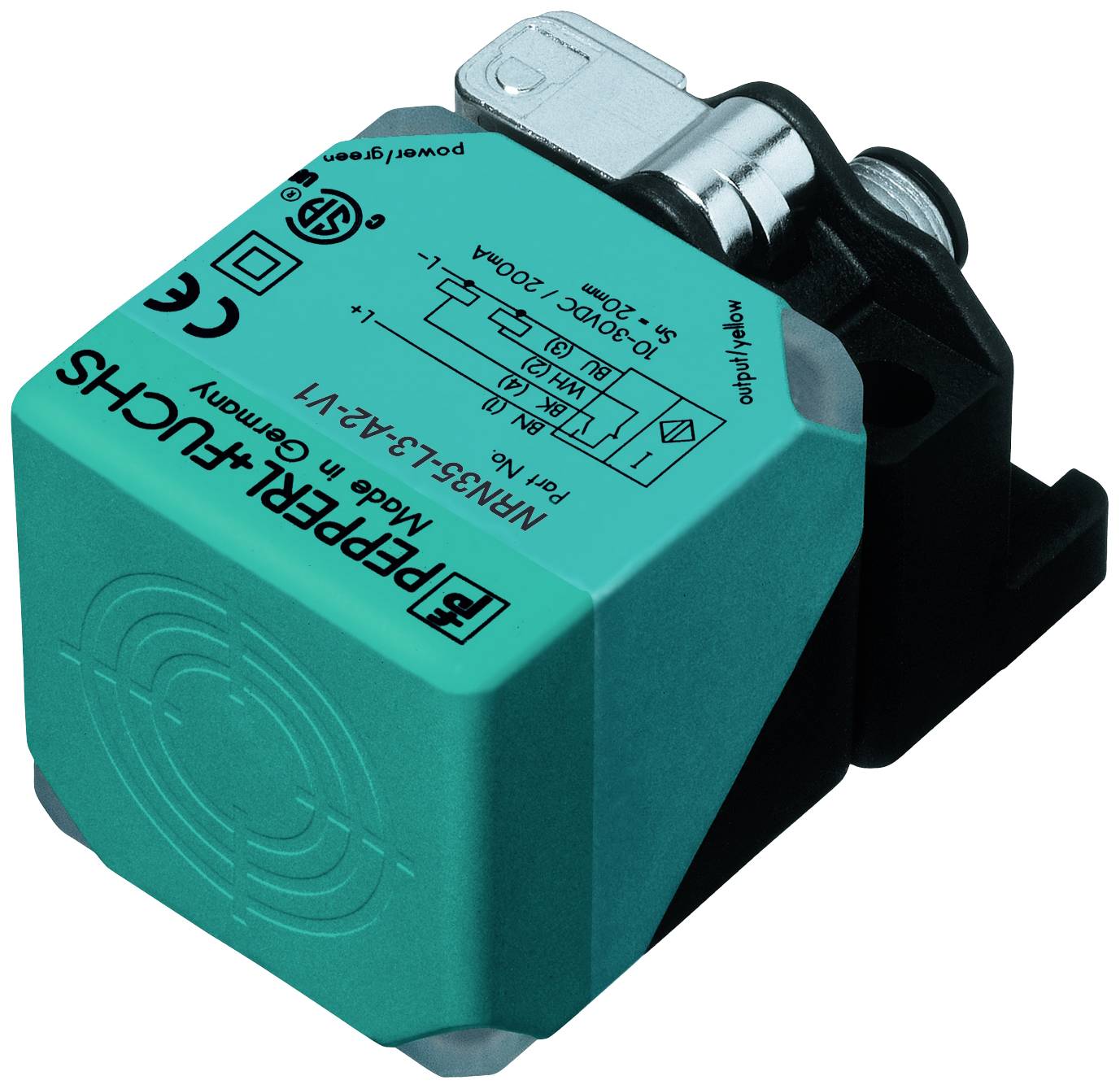 Ein Induktiver Sensor von Pepperl+Fuchs, Modell NCB5-18GM50-E2, in einem grünen Gehäuse mit Metallkabelanschluss oben.