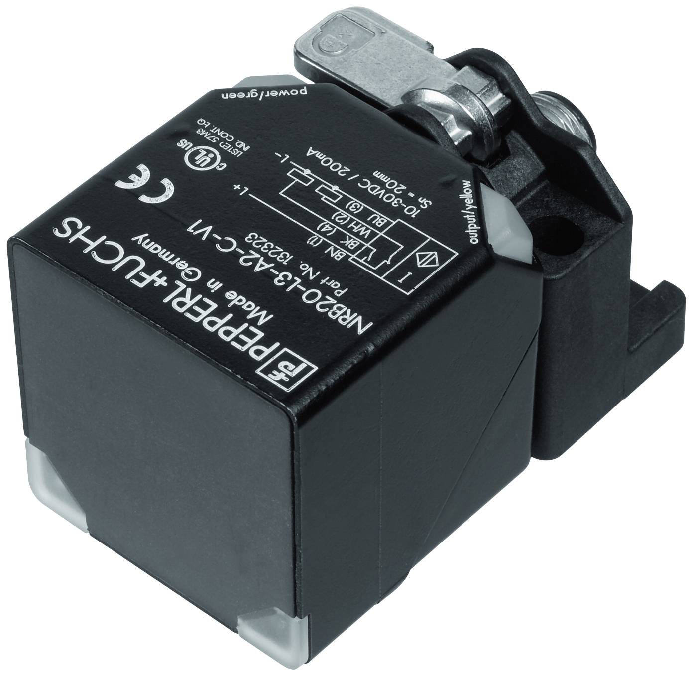 Ein schwarzer, kubischer elektrischer Sensor von Pepperl+Fuchs, Modell NBB20-L2-A2-V1, mit Erdungsanschluss oben.