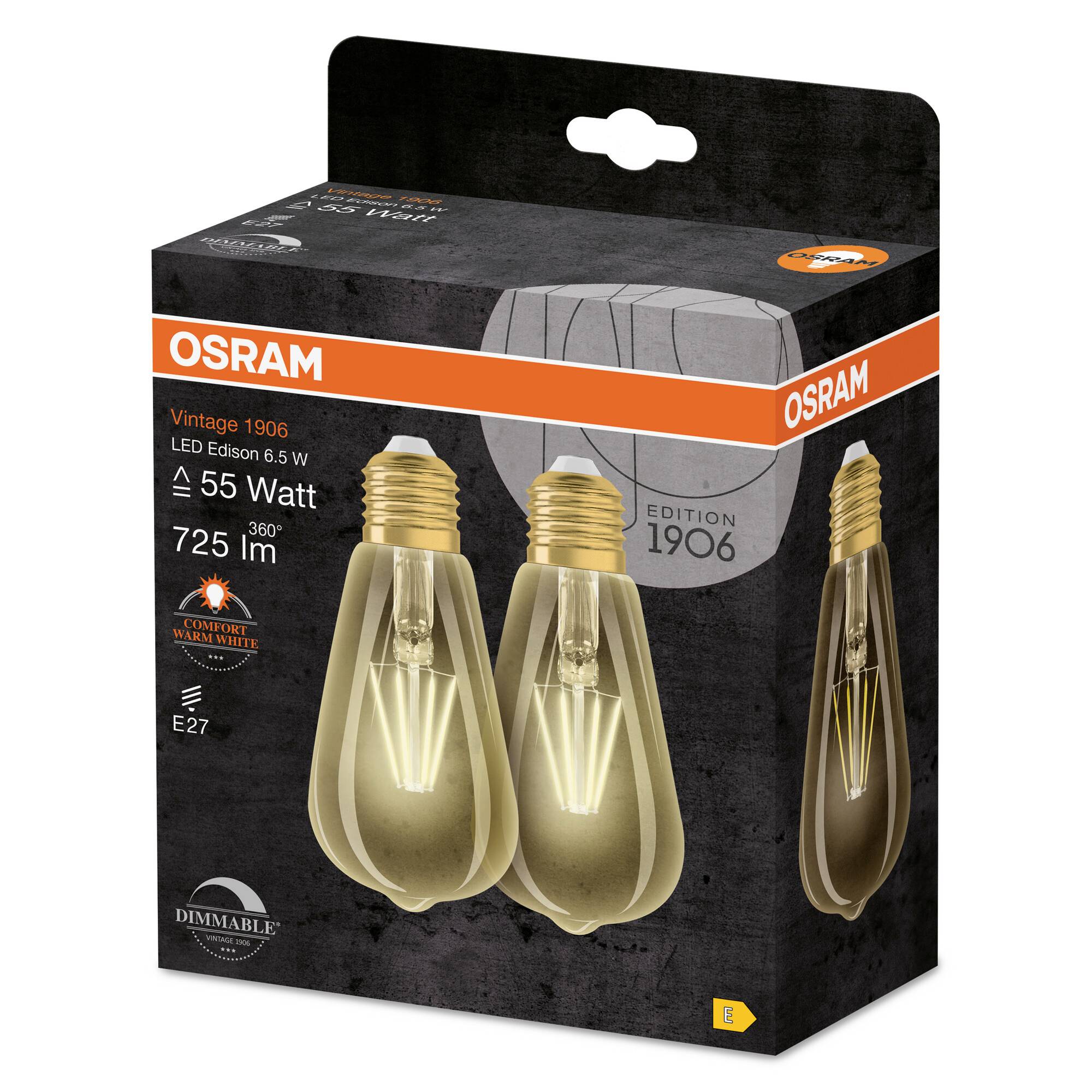 'OSRAM Vintage 1906' LED-Glühlampen-Verpackung mit 2 dimmbaren 6,5W Vintage-Glühlampen, 55 Watt Äquivalent, warmweiß, 725 lm.
