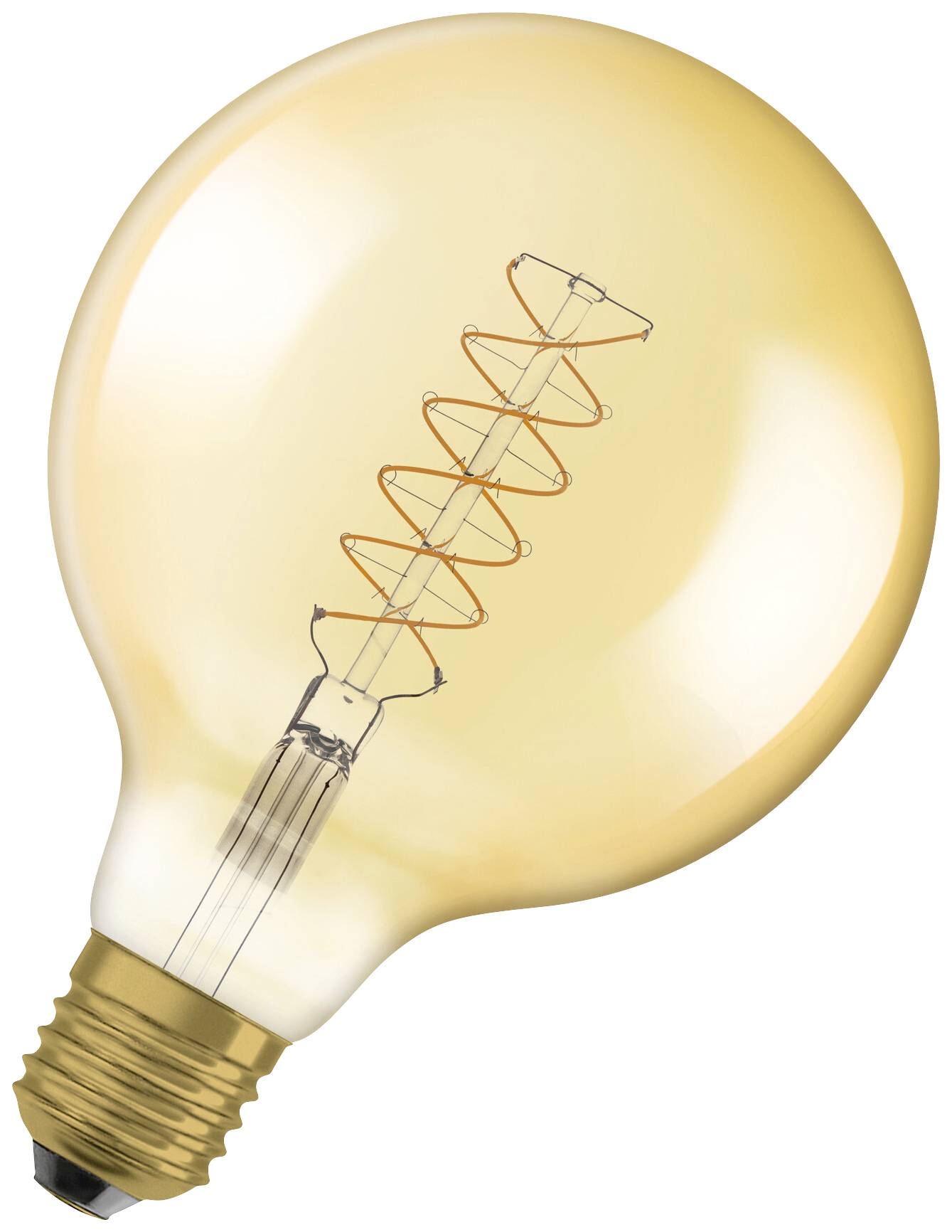 Eine glühende LED-Glühbirne mit sichtbarem Spiralfilament in einem goldgelben Ton. Geeignet für dekorative Beleuchtung.