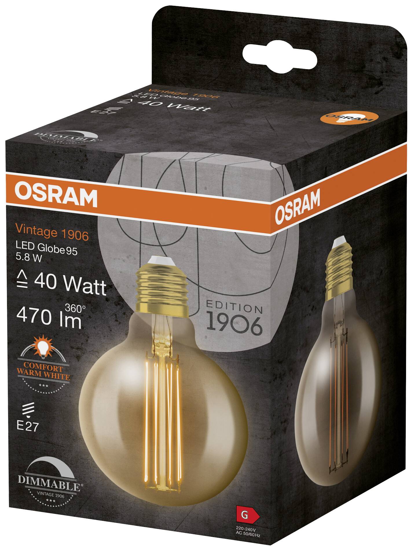 OSRAM HOMELIGHTING 4058075761759 LED EEK G (A - G) E27 Globeform 5.8 W = 40 W Warmweiß (Ø x H) 95 mm x 95 mm 1 St.