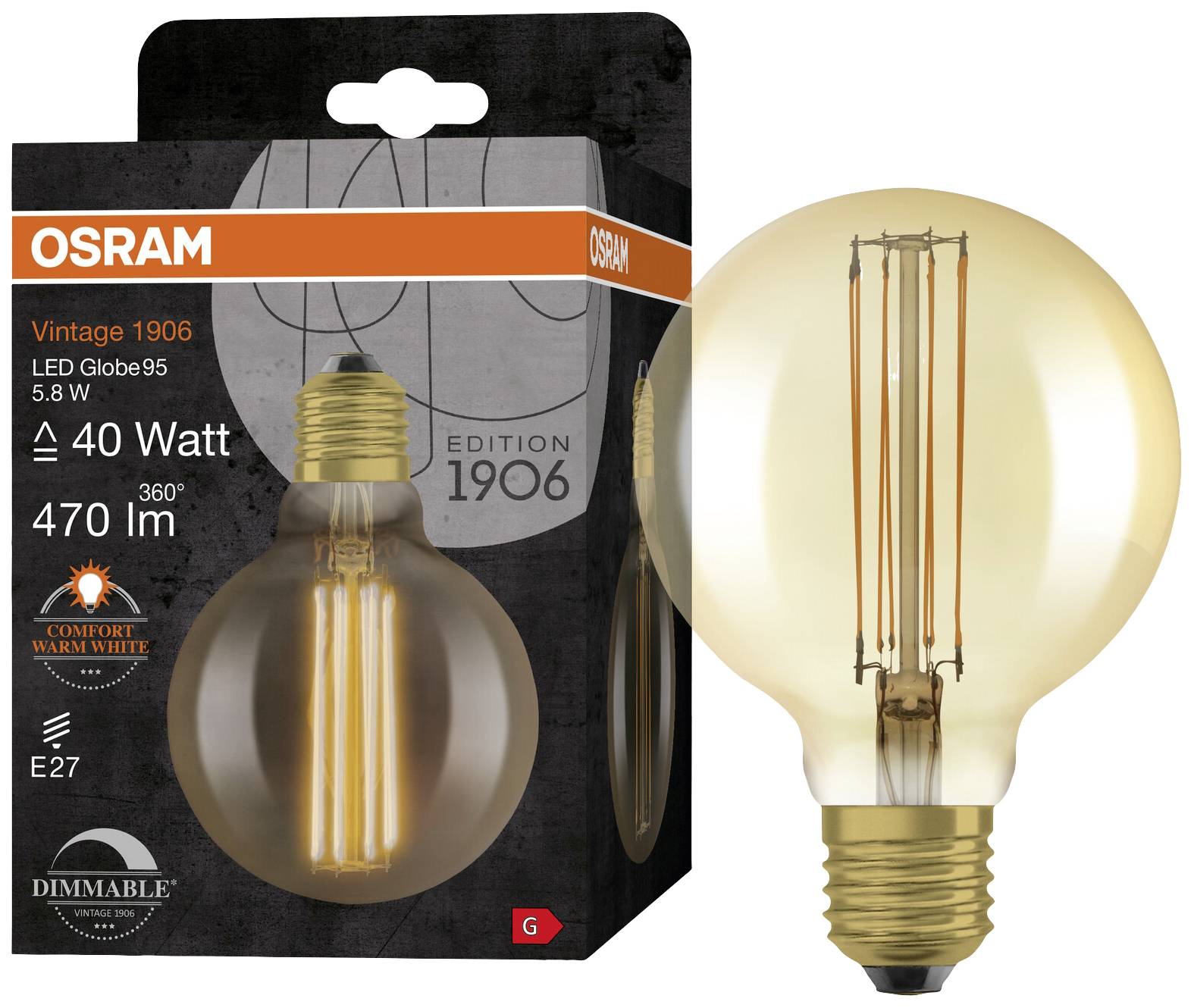 OSRAM HOMELIGHTING 4058075761759 LED EEK G (A - G) E27 Globeform 5.8W = 40W Warmweiß (Ø x H) 95mm x 95mm 1St.