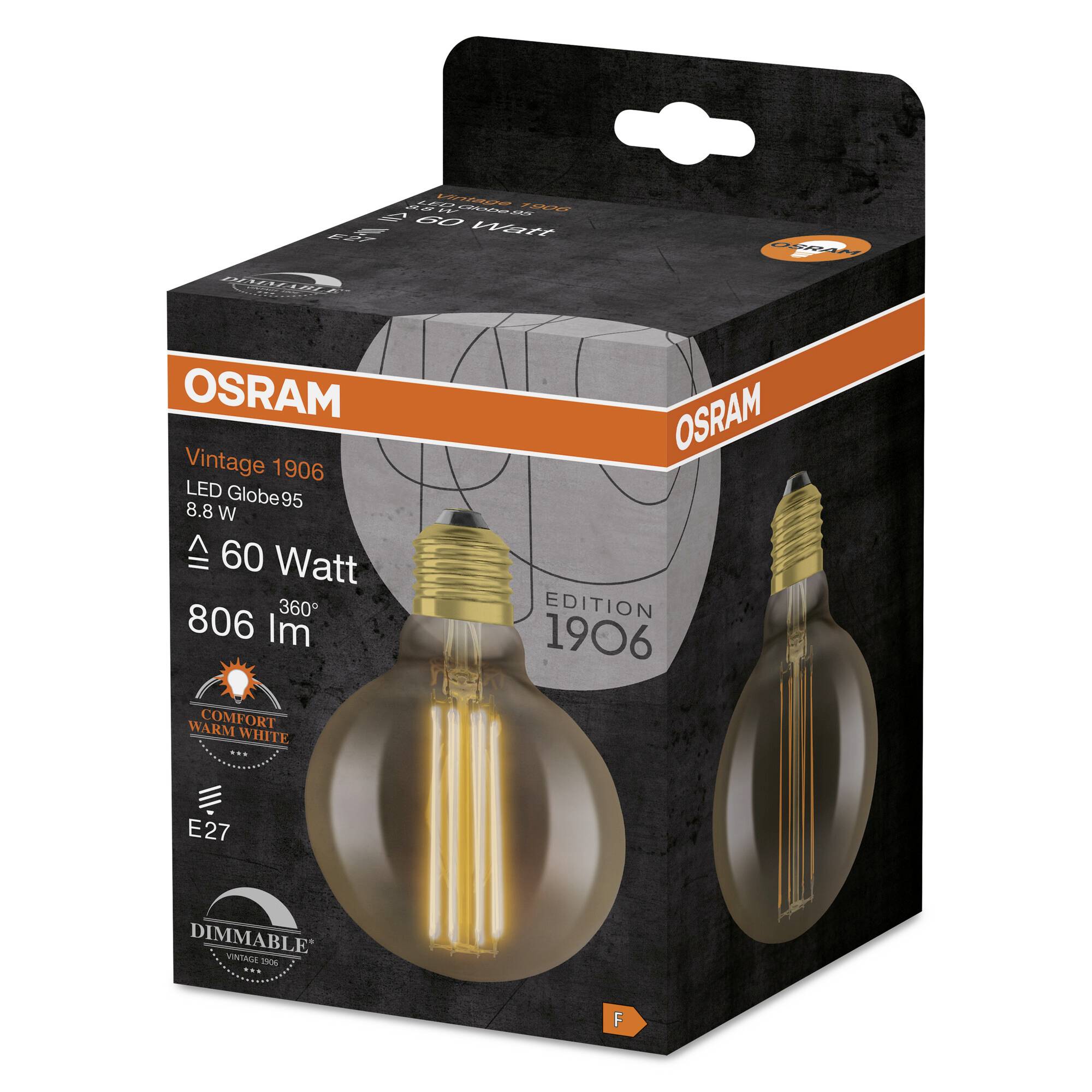 'Osram Vintage 1906' Glühbirne Verpackung: LED Globe95, 8,8W, 60 Watt Äquivalent, 806 Lumen, E27 Fassung, warmweißes Licht, dimmbar.