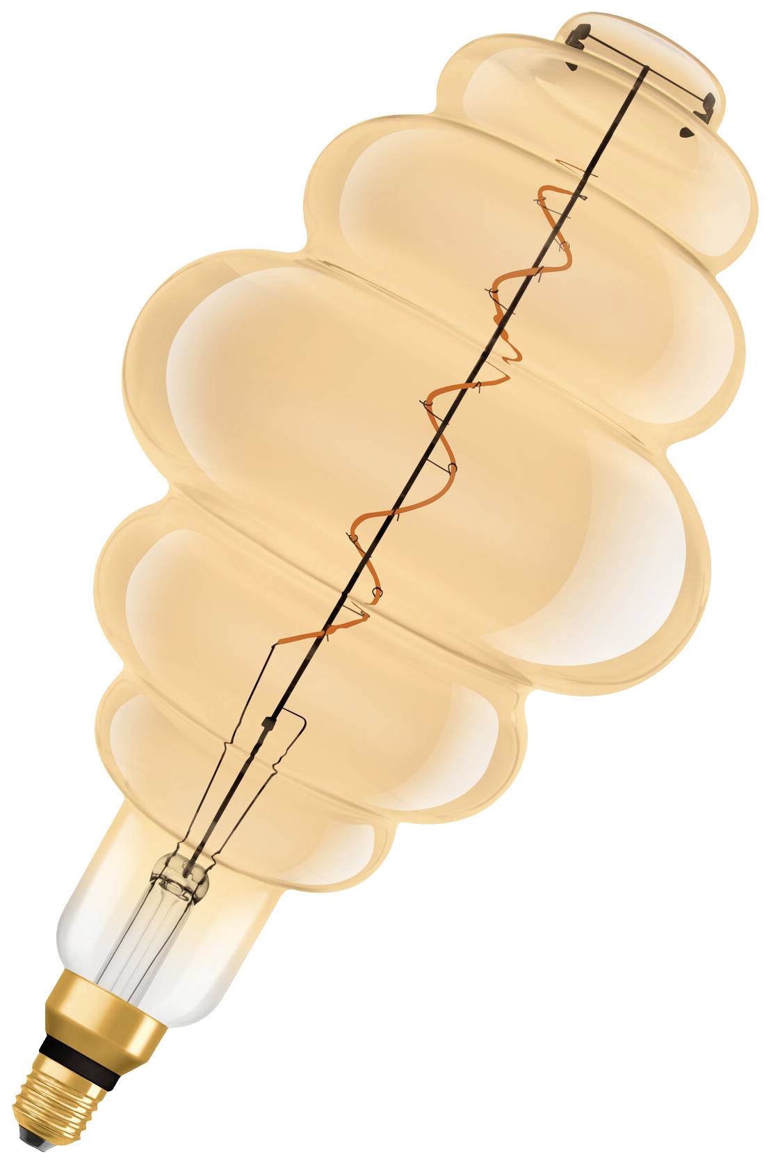 Elektrische Glühbirne in Spiralform mit orangefarbenem Glühfaden, vor weißem Hintergrund. Moderne Designbeleuchtung.
