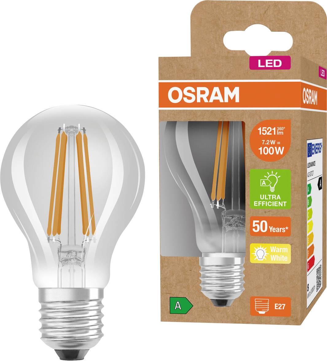 Foto einer OSRAM LED-Glühbirne neben ihrer Kartonverpackung, mit der Bezeichnung 1521 lm, 7,2 W = 100 W, ultraeffizient, warmweiß, E27.