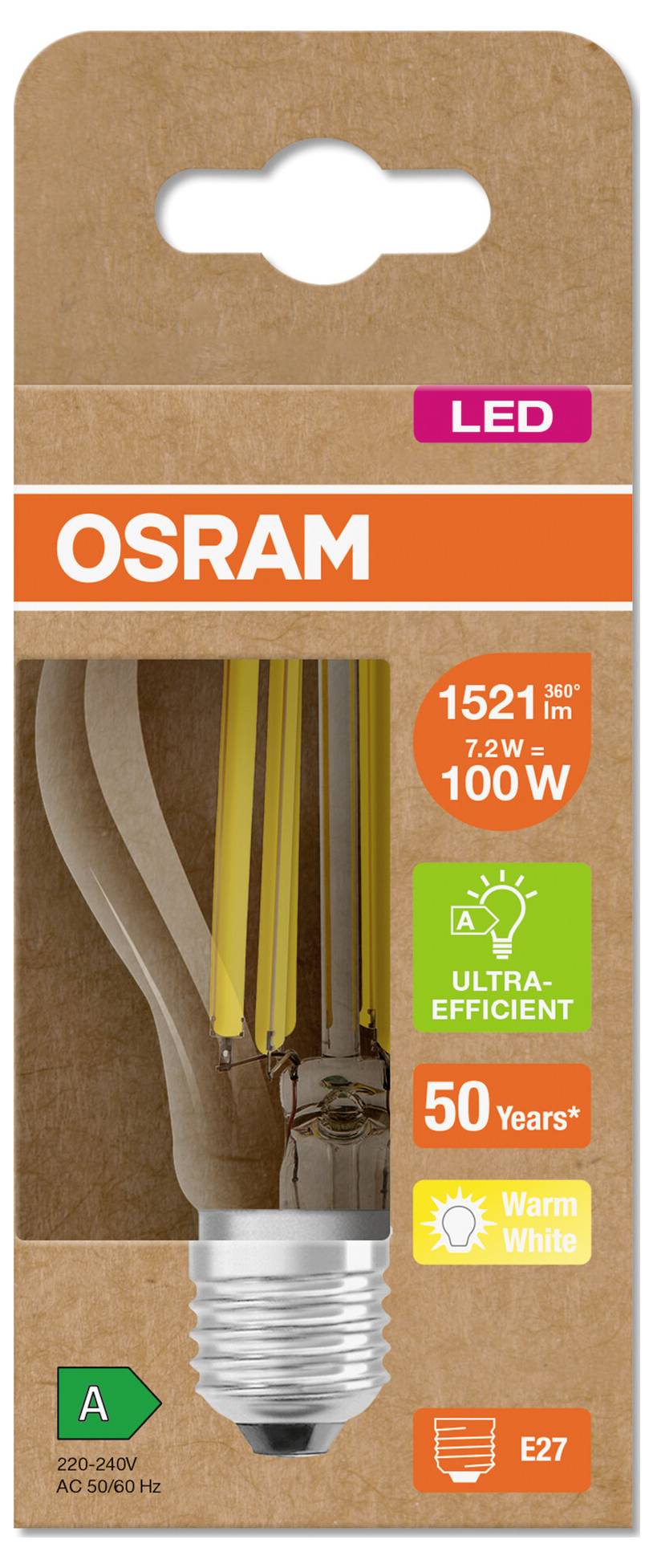 OSRAM LED-Glühbirne Verpackung, zeigt ein 100W-Äquivalent, 7,2W, 1521 Lumen, Warmweiß, E27-Fassung und Energieeffizienzklasse A.