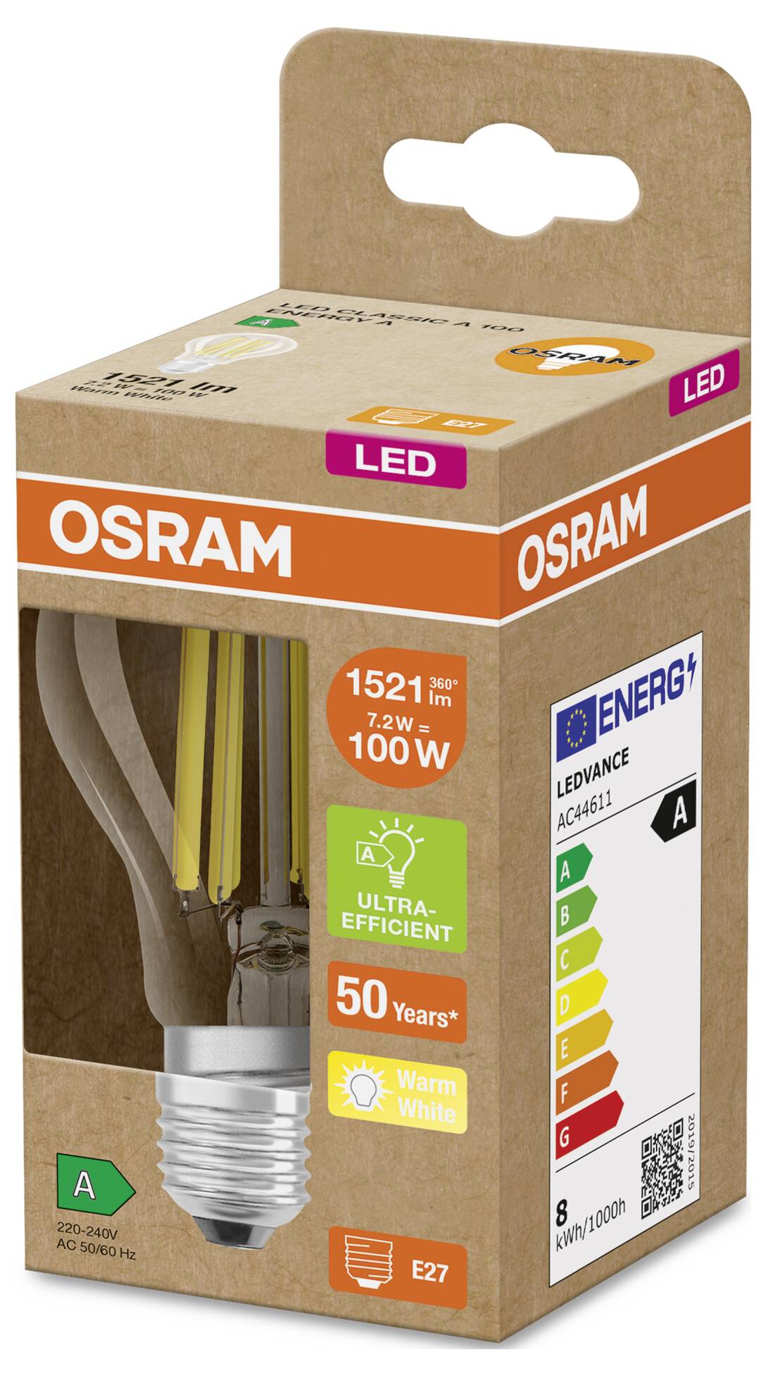 OSRAM LED-Glühfadenlampe in Einzelhandelsverpackung, gekennzeichnet mit 7,2W, 100W-Äquivalent, warmweiß, E27, Energieklasse A, 1521 lm.
