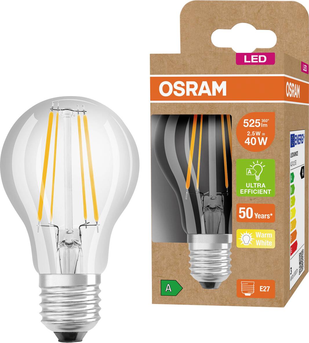 OSRAM LED-Glühlampe mit Verpackung, zeigt 525 lm, 2,5 W, 40-W-Entsprechung, warmweiß, E27, ultra effizient, 50 Jahre.