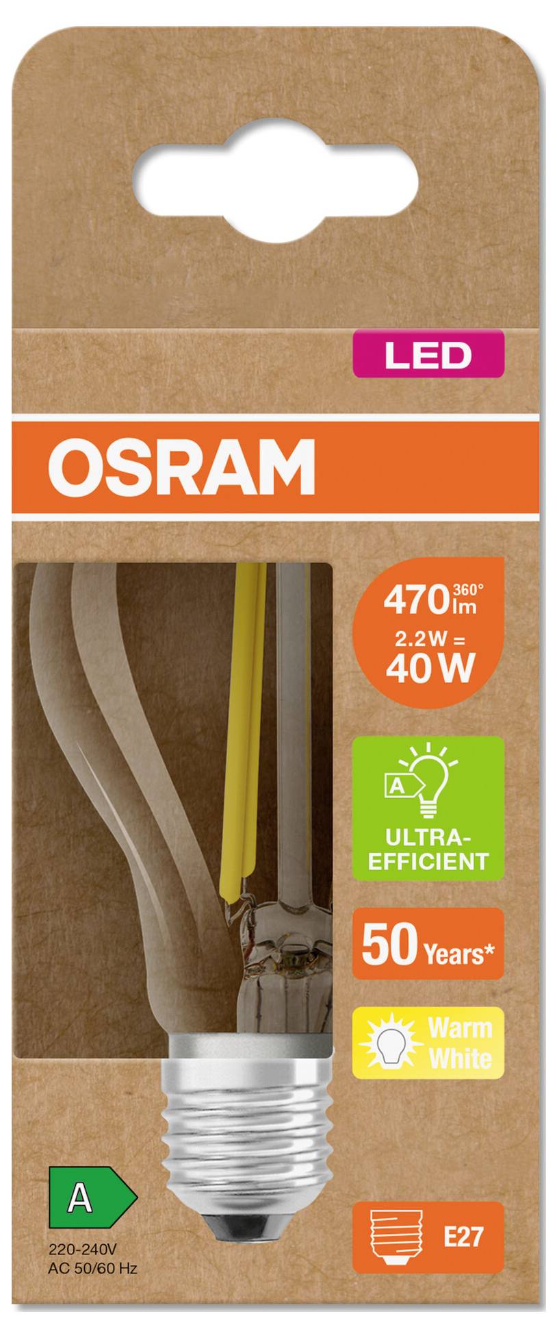 OSRAM LED-Glühbirne in der Verpackung mit einer ultraeffizienten warmweißen E27-Glühbirne, 2,2W, 470 lm, entspricht 40W, Energieklasse A, 50 Jahre.