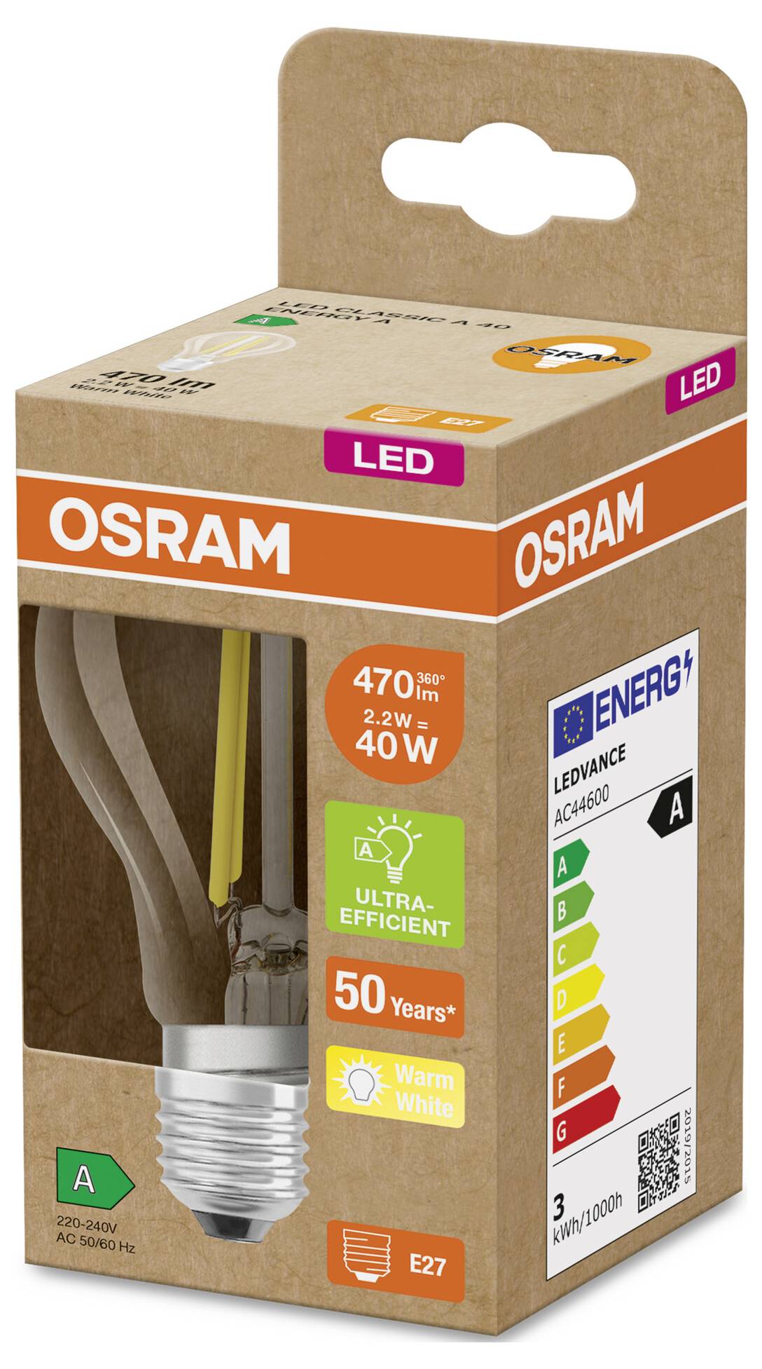 Packung einer OSRAM LED-Glühbirne, die die Glühbirne durch das Boxfenster zeigt und Etiketten für 470 Lumen, 4,0W, Warmweiß, E27, Energieklasse A.