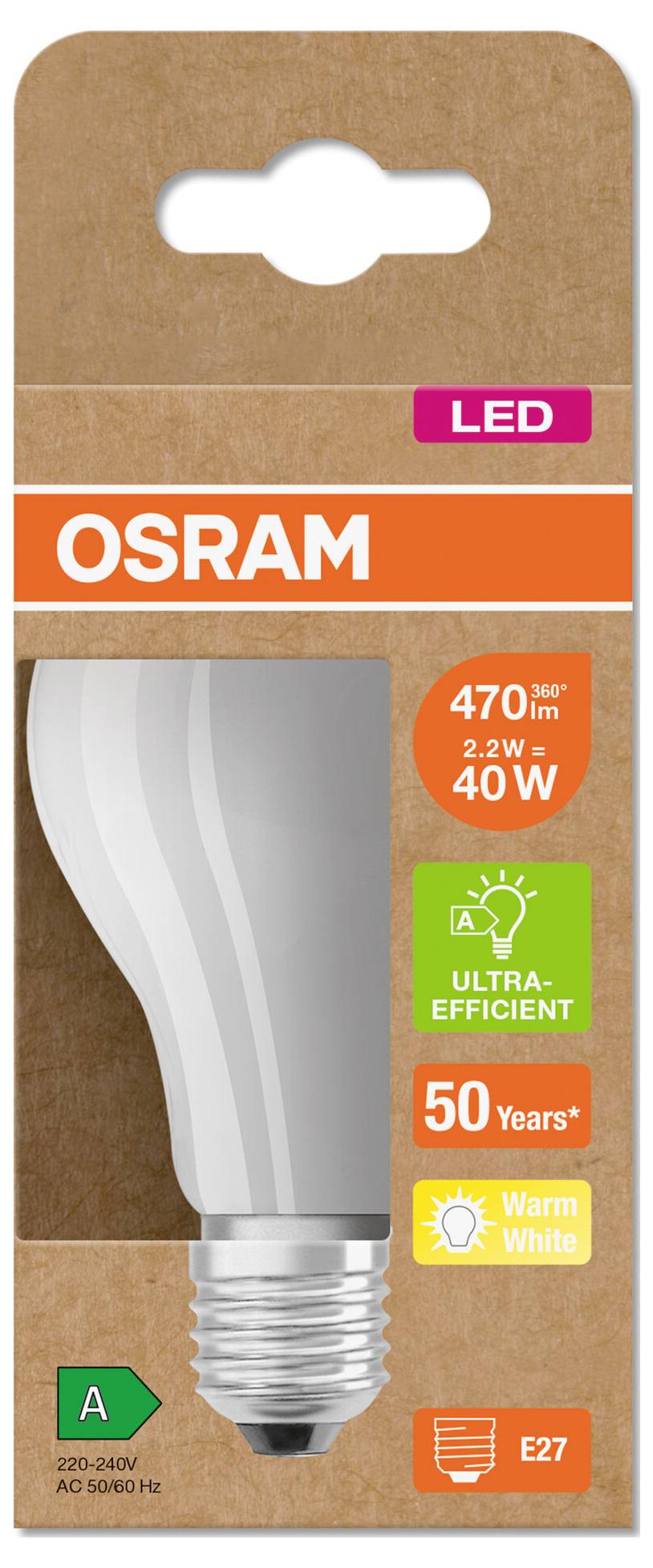 OSRAM LED-Glühbirnen-Verpackung, die eine 470 lm, 40 W Entsprechung, warmweiß, ultraeffiziente E27-Glühbirne mit A-Energieeffizienzklasse zeigt.