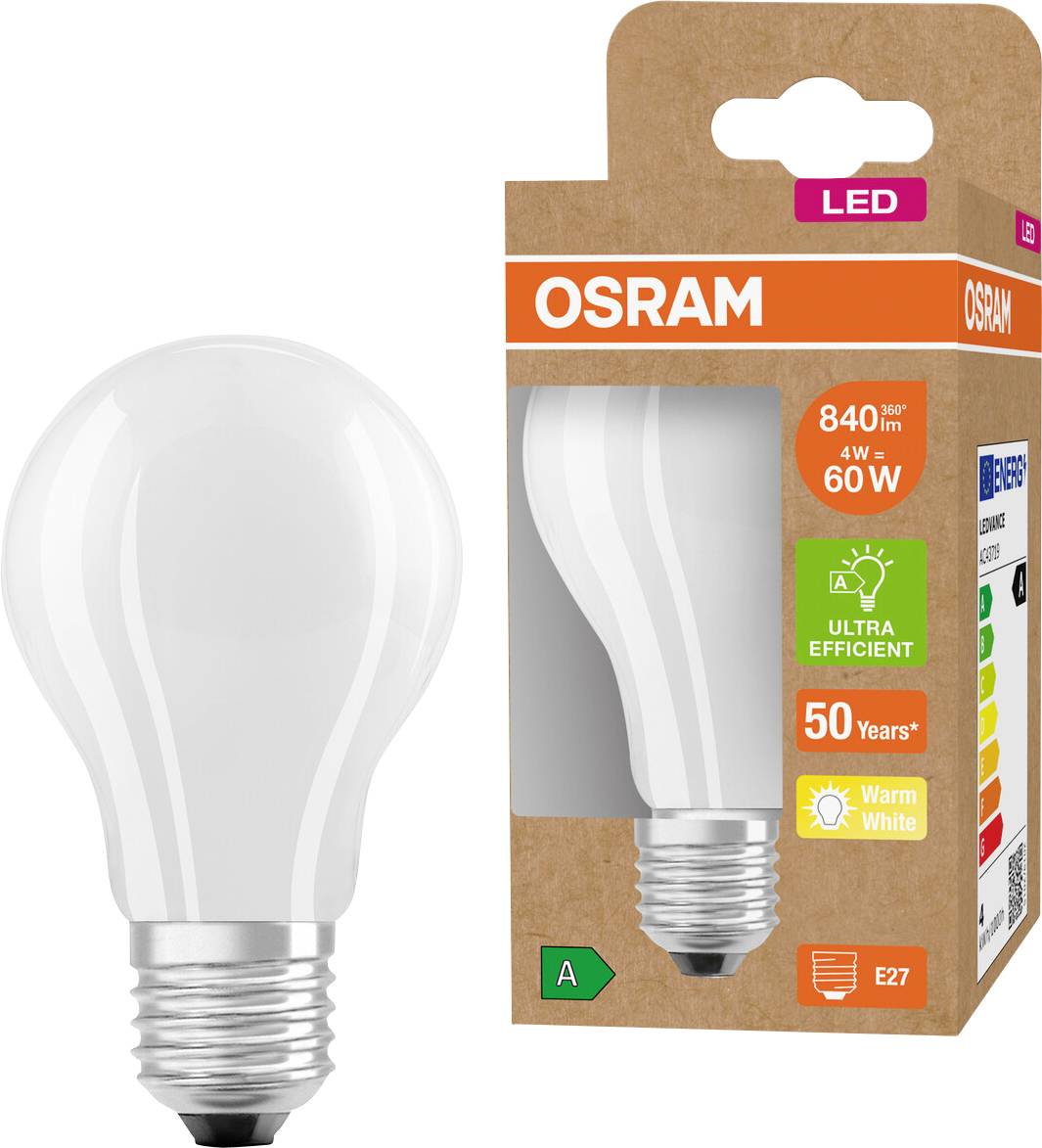 OSRAM LED-Glühbirne mit Verpackung, mit der Bezeichnung 840 Lumen, 4W entspricht 60W, Warmweiß, E27, ultraeffizient, 50 Jahre.