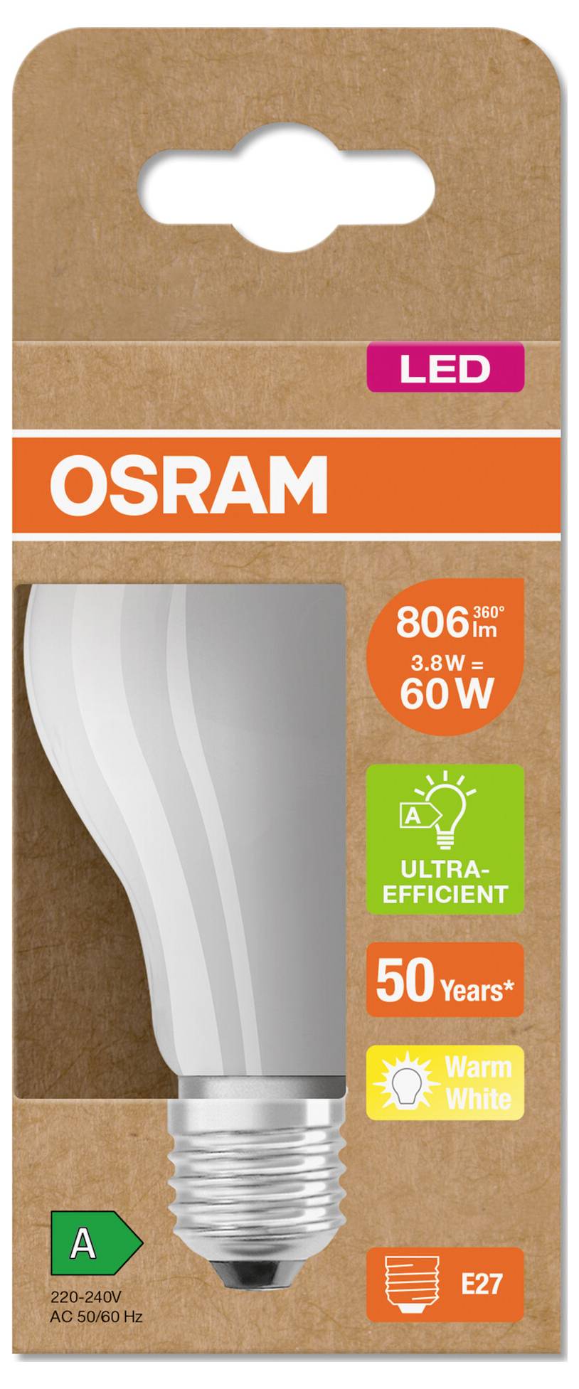 OSRAM LED-Glühbirnenpackung mit einer warmweißen, ultra-effizienten E27-Glühbirne mit einer Leistung von 8,3 W, 806 lm, 60-W-Äquivalent, Energieklasse A.