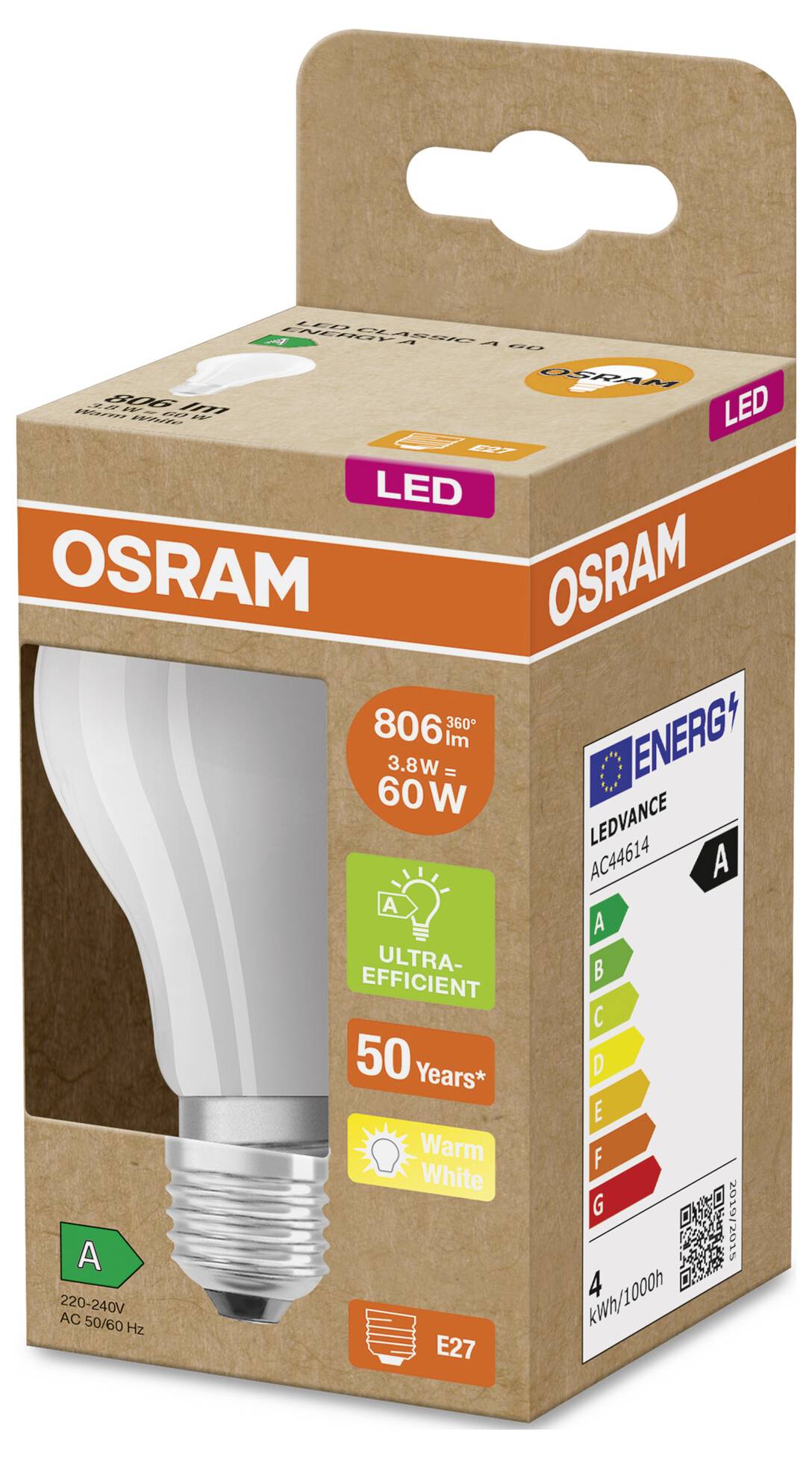 OSRAM LED-Glühbirne in Einzelhandelsverpackung mit einer Helligkeit von 806 lm, 8,3 W Leistungsaufnahme, 60-W-Äquivalent, warmweiß, E27-Fassung mit Energieeffizienzklasse A.