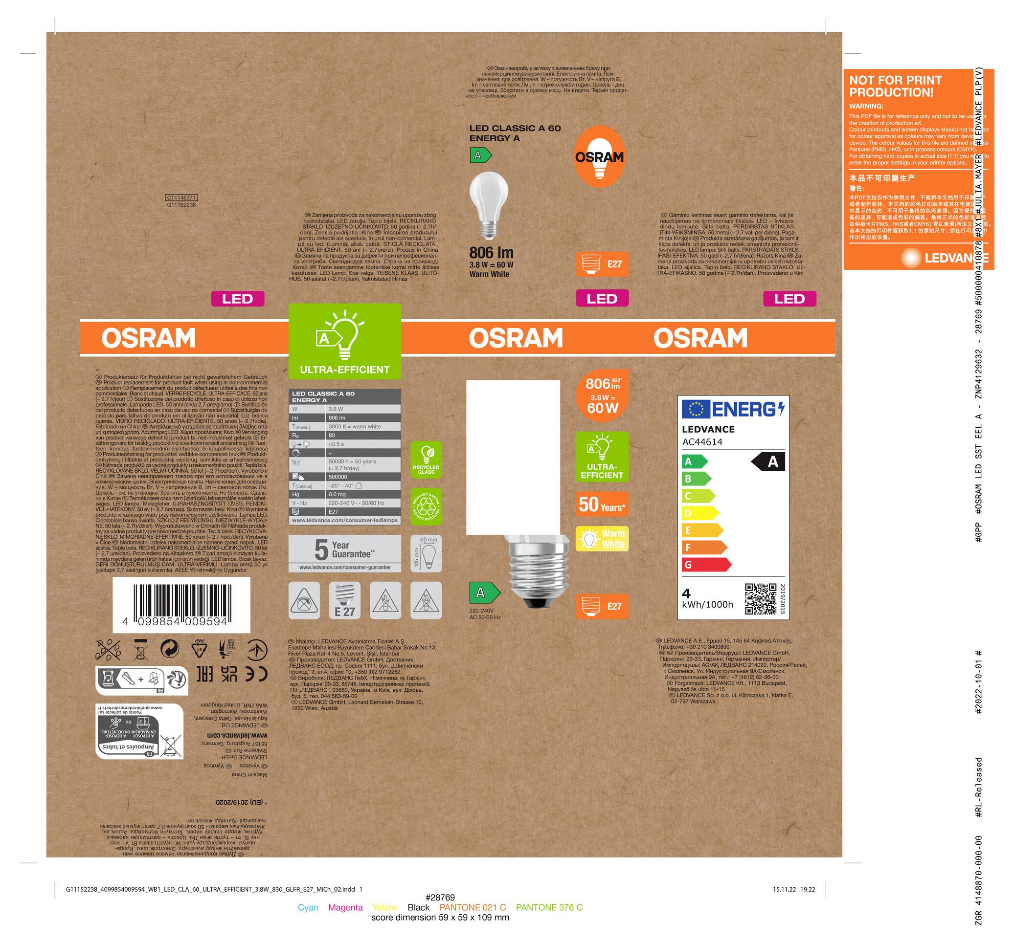 OSRAM LED-Glühbirne Verpackung mit Produktabbildung, 806 lm, 8,5W, E27-Sockel, Kennzeichnung „nicht für Druckproduktion