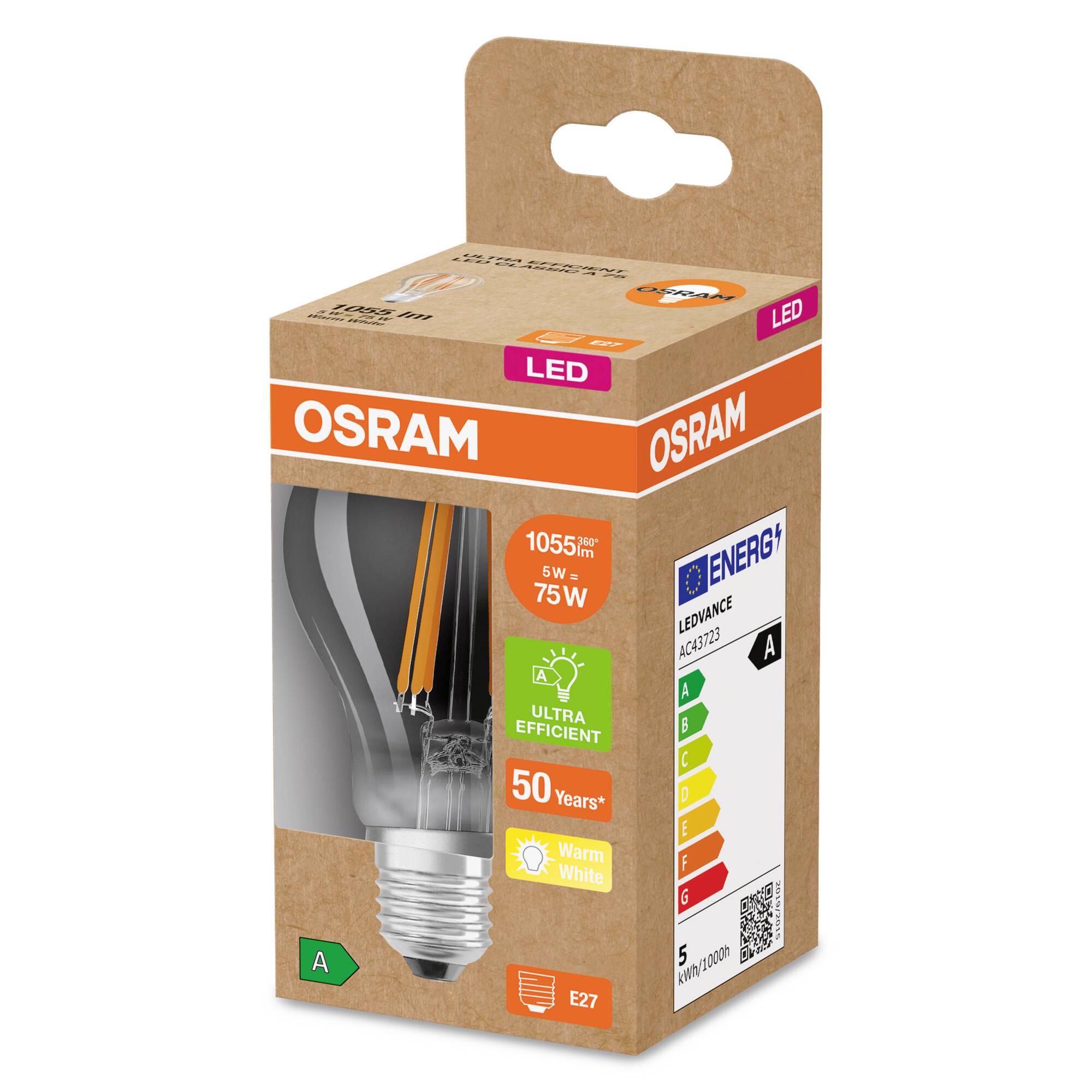OSRAM HOMELIGHTING 4099854009617 LED EEK A (A - G) E27 Glühlampenform 5W = 75W Warmweiß (Ø x H) 60mm x 60mm 1St.
