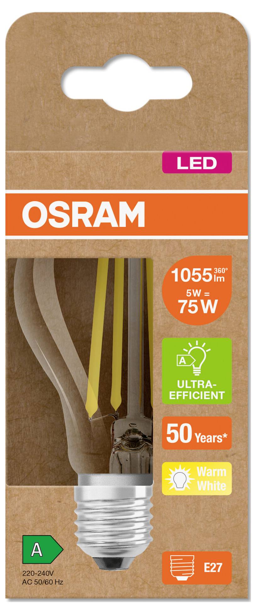 OSRAM LED-Glühbirnenverpackung mit einer warmweißen, hocheffizienten E27-Lampe, 5 W/75 W Entsprechung, 1055 lm, 50 Jahre, A-Bewertung.