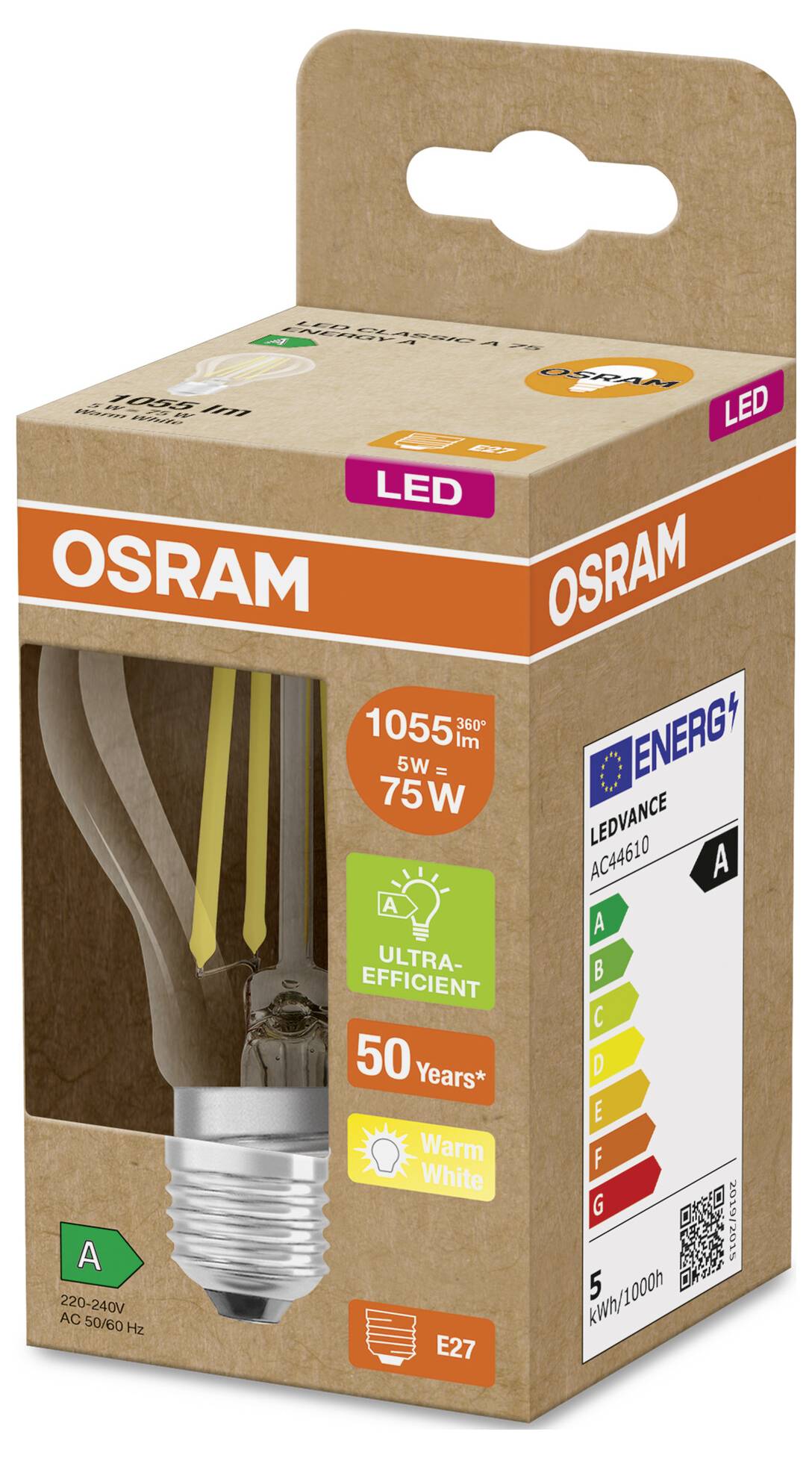 OSRAM LED-Glühbirnen-Verpackung mit einer warmweißen E27-Birne, bewertet mit 5W, 75W Äquivalent, Energieklasse A und Lebensdauer von 50.000 Stunden.