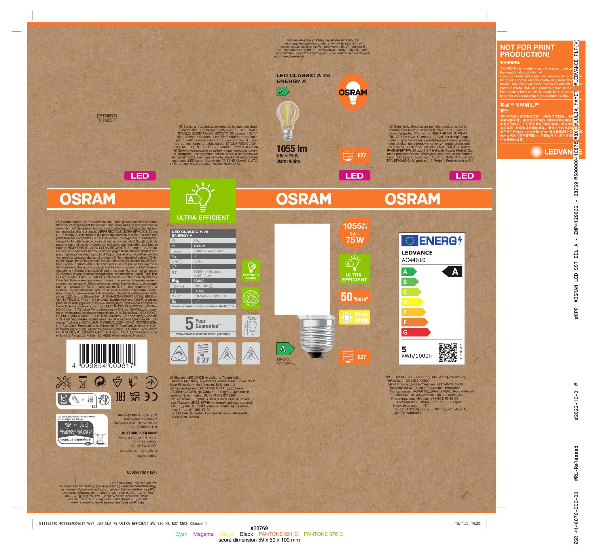 OSRAM LED-Glühlampe Verpackungsetikett mit Produktbild, 1055 lm Helligkeit, 75 W Äquivalent, E27-Fassung und EU-Energieeffizienzklasse A.