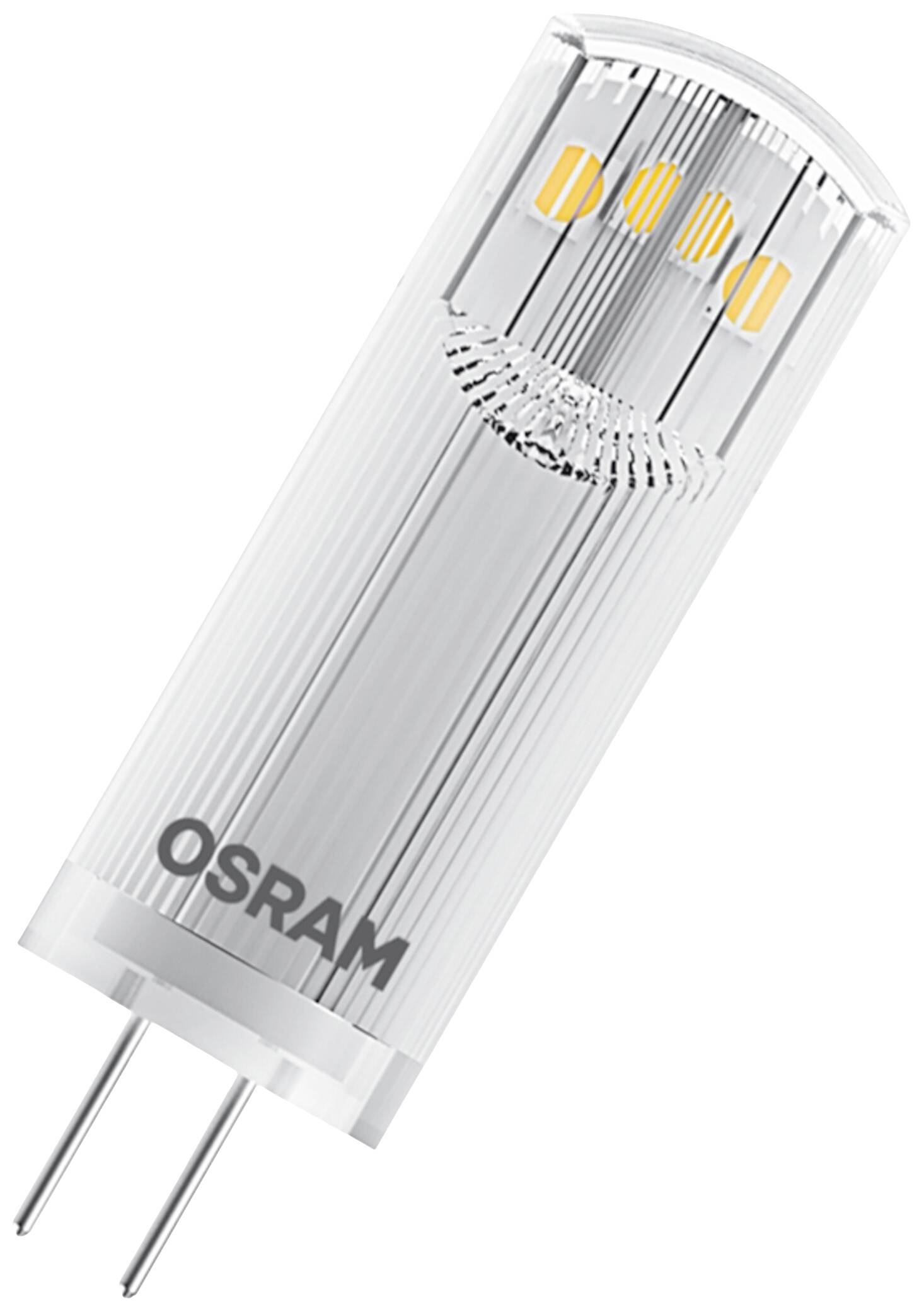 Eine zylindrische OSRAM LED-Lampe mit zwei Metallstiften am unteren Ende, geeignet für G4-Fassungen.
