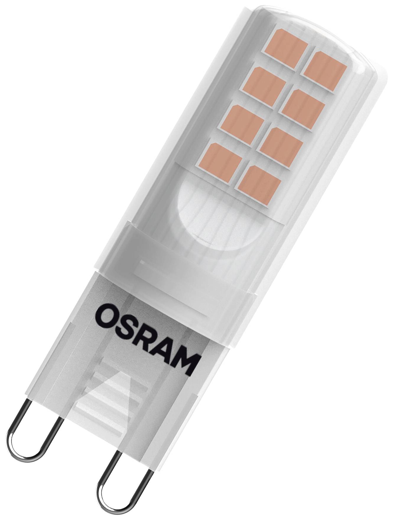 Ein OSRAM LED-Leuchtmittel mit G9-Sockel. Transparente Hülle, kleine rechteckige Leuchtflächen sichtbar. Energiesparend und kompakt.
