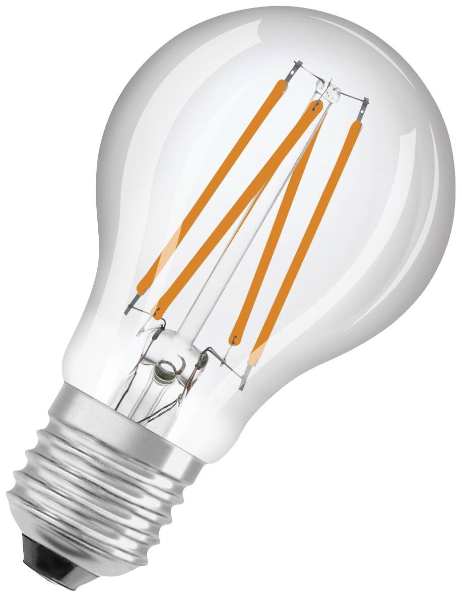 Glühbirne mit LED-Filamenten, die orange leuchten. Sie ist ausgeschaltet und zeigt moderne Energiespartechnik.