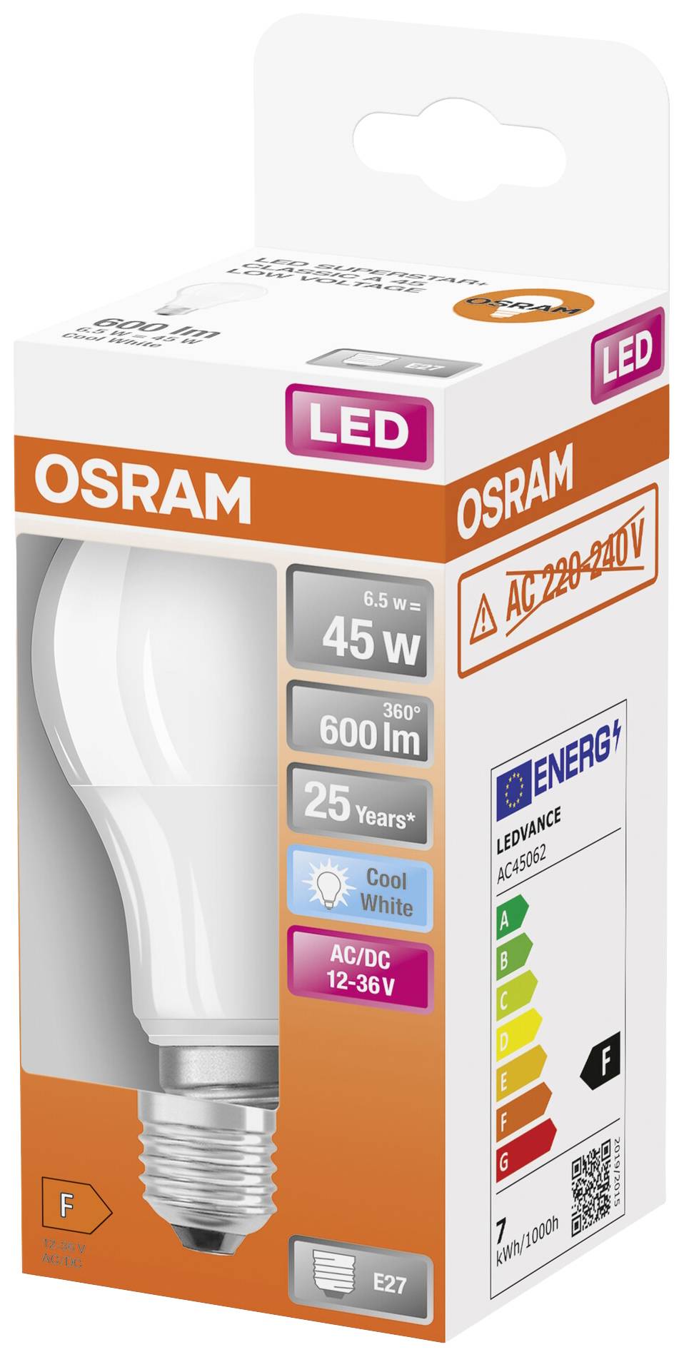 Verpackung einer LED-Glühlampe von OSRAM, zeigt Energieeffizienzklasse F, 45W, 600lm, kühle weiße Lichtfarbe, E27-Sockel.