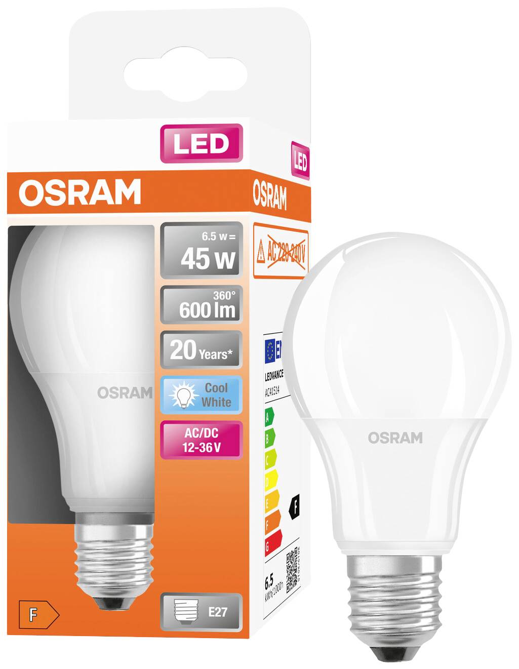 LED-Glühbirne von OSRAM in Verpackung. Details: 6,5 W, entspricht 45 W, 600 lm, 360° Abstrahlwinkel, 20 Jahre Lebensdauer, kühles Weiß. E27-Sockel.