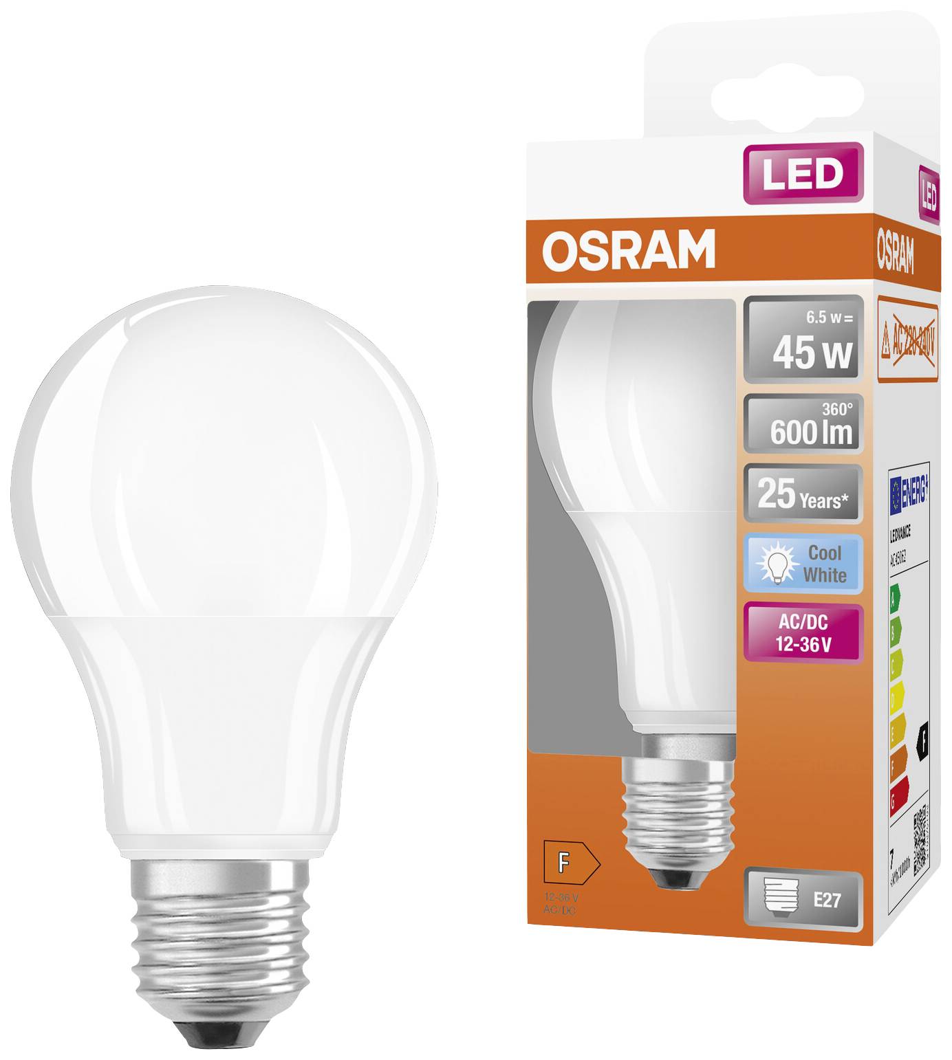 Eine LED-Glühbirne der Marke Osram mit 600 Lumen und 6,5 Watt neben der dazugehörigen Verpackung. Lebensdauer: 25 Jahre.