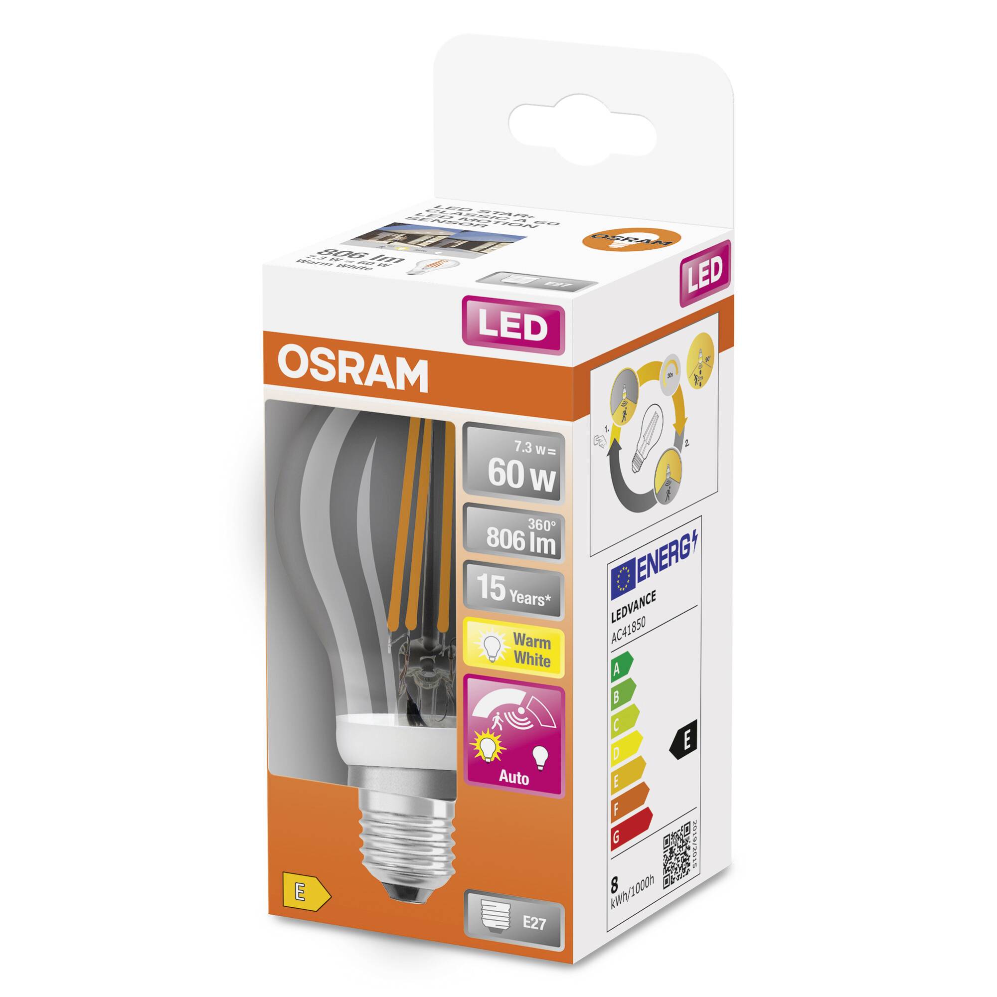OSRAM LED-Glühbirne 60W, warmweiße Farbe, 806 Lumen, Energieeffizienzklasse E, mit einer Lebensdauer von 15 Jahren.