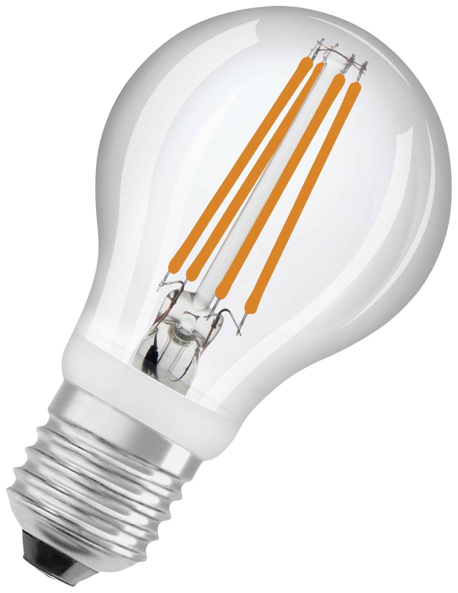 Eine LED-Glühbirne mit sichtbaren orangefarbenen Filamenten und einem silbernen Schraubsockel.