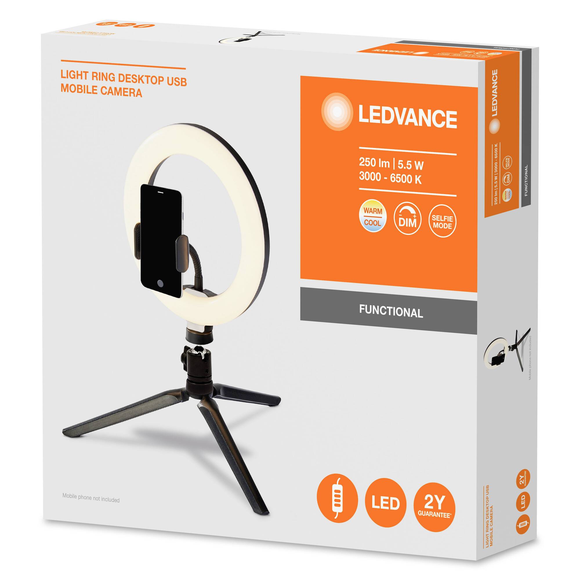 Verpackung eines LED-Ringleuchts für Mobilkameras mit Stativ. Markenname, technische Details und Garantie auf der Vorderseite angegeben.