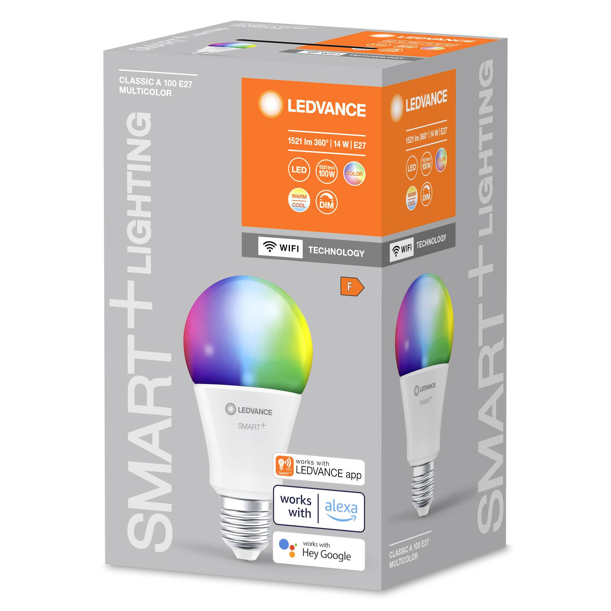 LEDVANCE Smart+ Glühbirne, multicolor, kompatibel mit Alexa und Google Assistant. Enthält 1621 lm, 350°, 11 W.