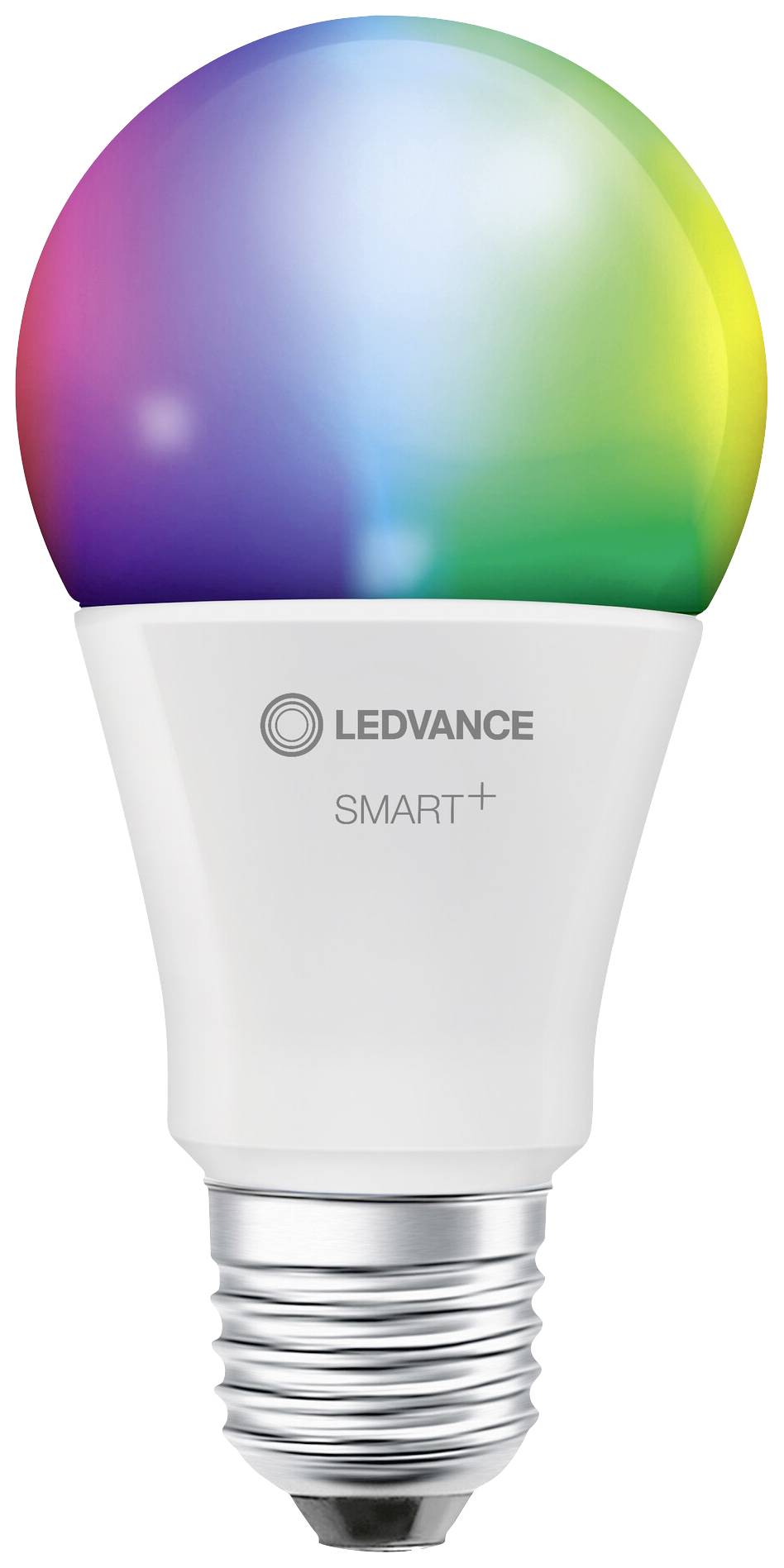 Eine LED-Glühbirne in Regenbogenfarben, beschriftet mit 'Ledvance SMART+', geeignet für intelligente Beleuchtungssysteme.
