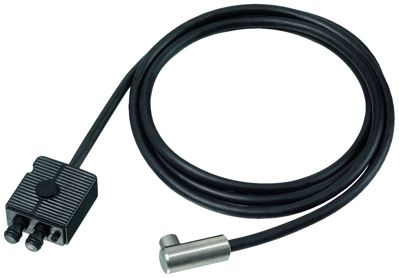 Sensor mit Anschlusskabel; rechteckiges, schwarzes Gehäuse und zylindrischer Metallkopf. Dient zur Messung oder Erkennung.