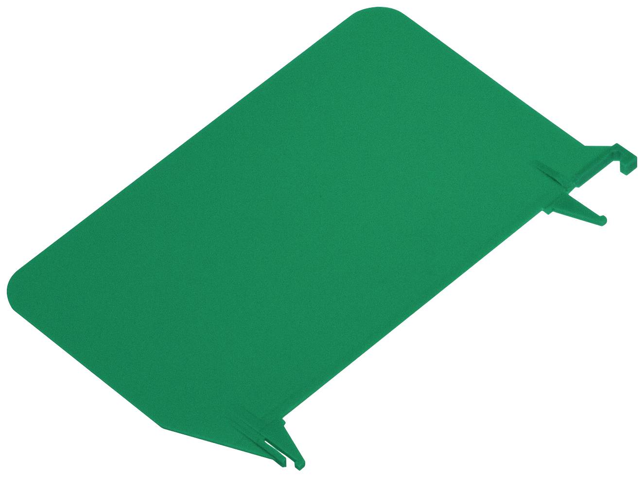 Grüne Plastikabdeckung mit abgerundeten Ecken und zwei seitlichen Befestigungslaschen, möglicherweise Teil eines größeren Gegenstands.