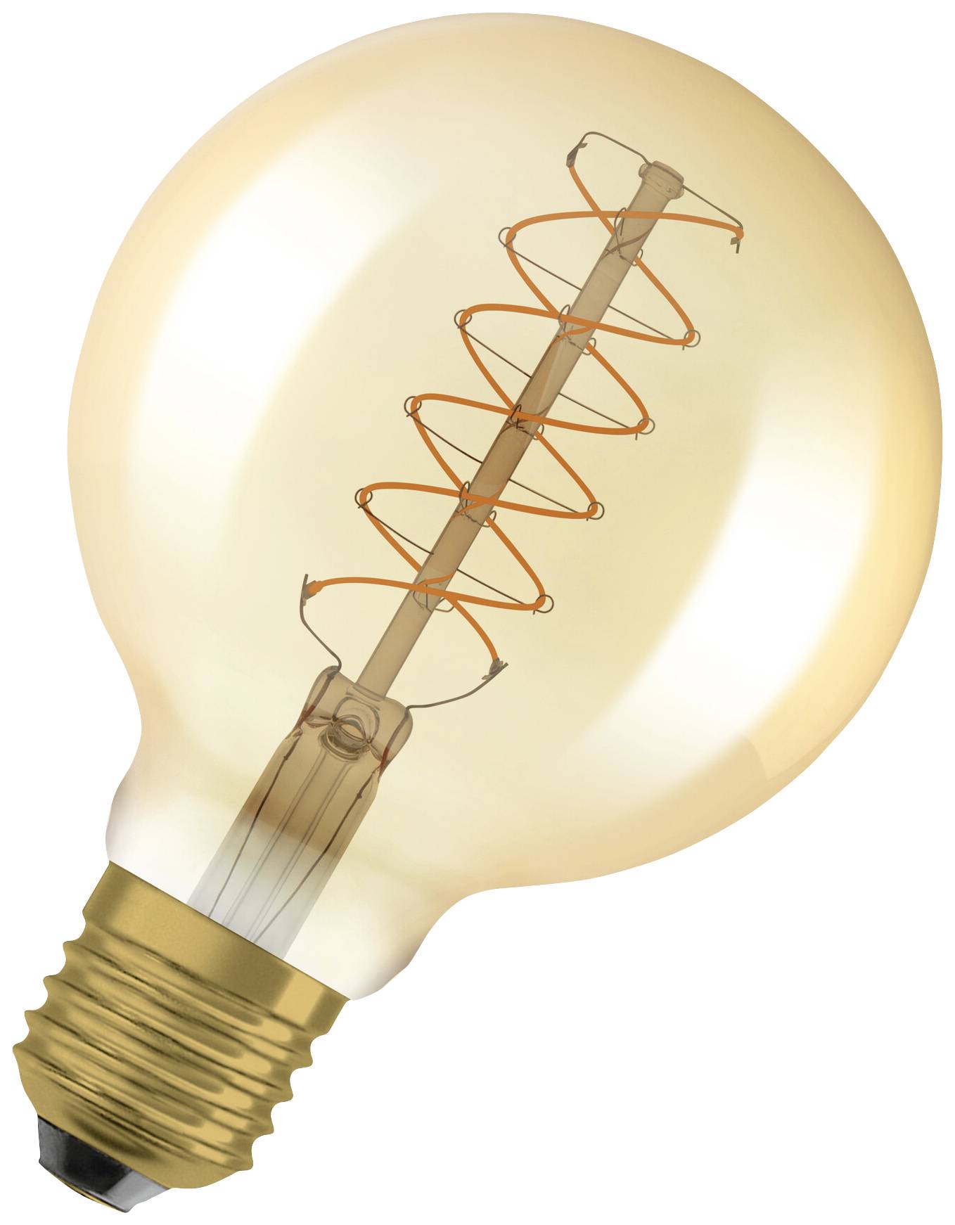 Glühbirne mit sichtbarem spiralförmigem Wolframfaden, leuchtet warm.