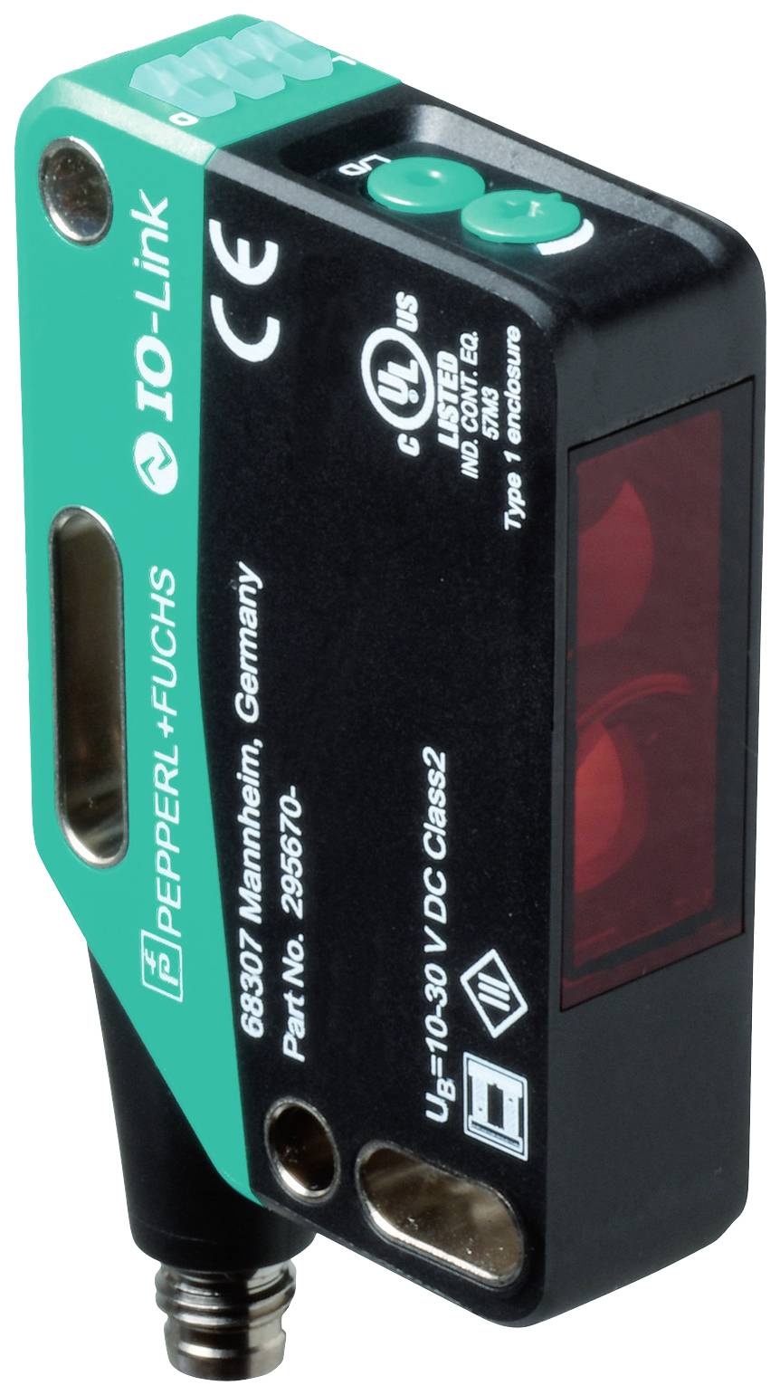 Ein rechteckiger Sensor mit einem roten Lichtaustrittsfenster und grüner Oberseite, markiert mit 'Pepperl+Fuchs' und Anschlüssen unten.